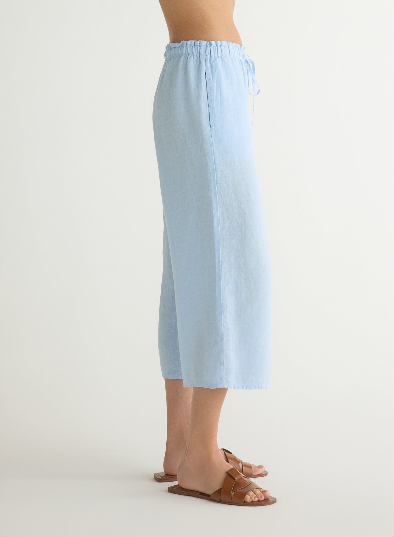 Blue Periwinkle Ruffle Waist Wide Leg Crop Pants - Trendy High Waist Flare Pants for Women, Casual & Office Wear