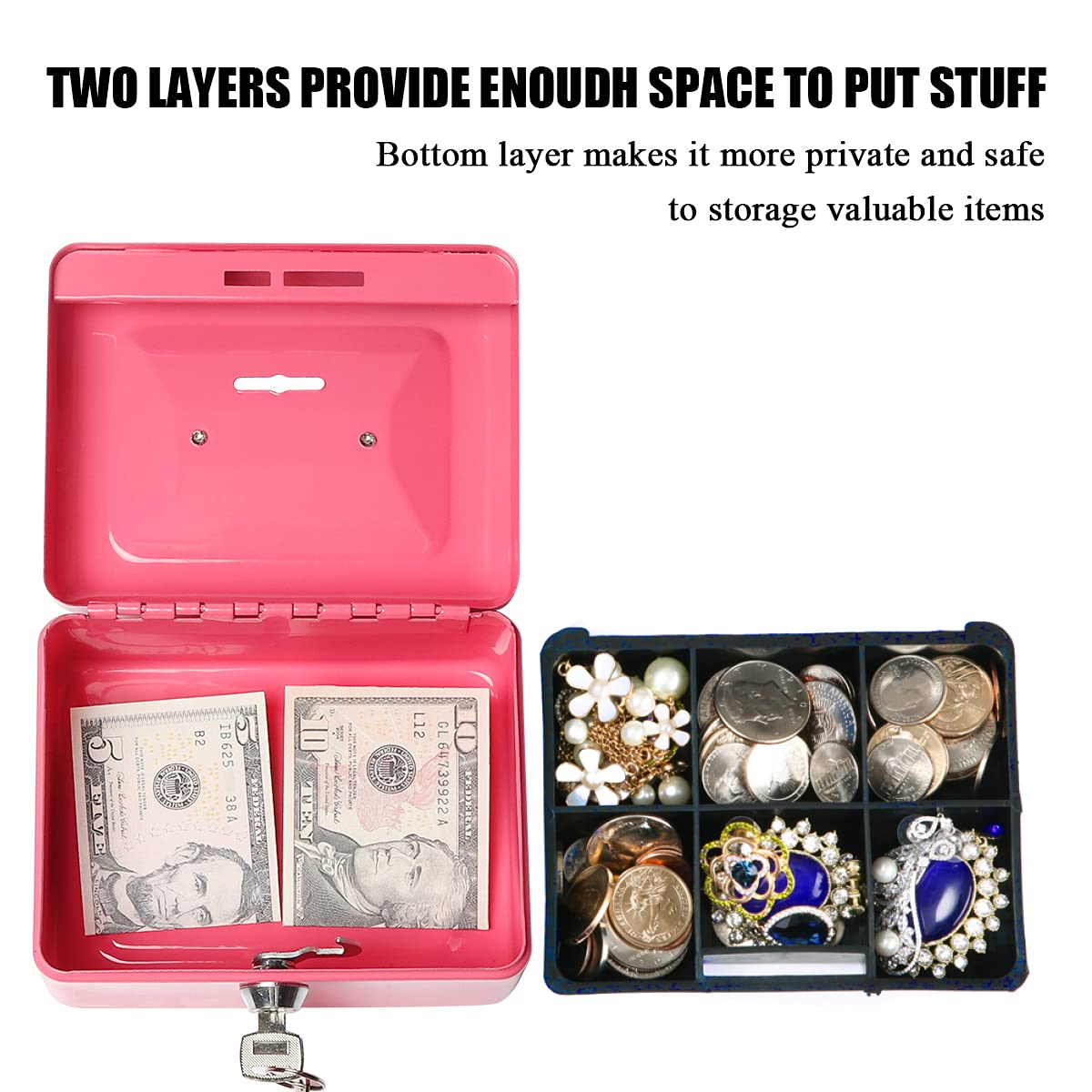 Jssmst Small Lock Cash Box with Money Tray - Secure Pink Locking Money Box for Kids with Top Slot (5.91 x 4.72 x 2.95 inches) - Perfect for Allowance Savings, Piggy Bank Alternative, and Home Office Cash Management (Model CB003-P)
