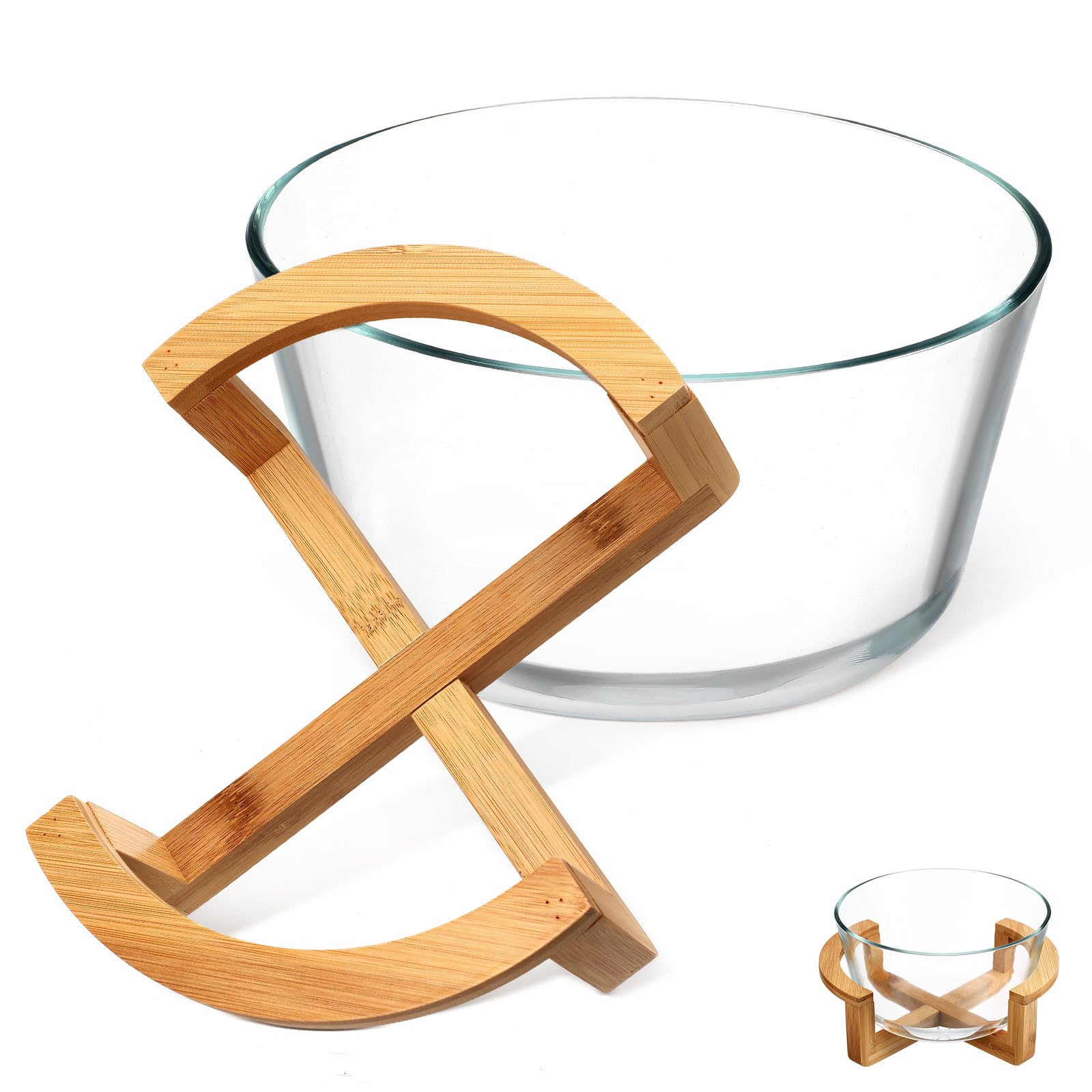 HEMOTON 2500ml Glass Salad Bowl with Wood Stand - Kitchen & Party Serving
