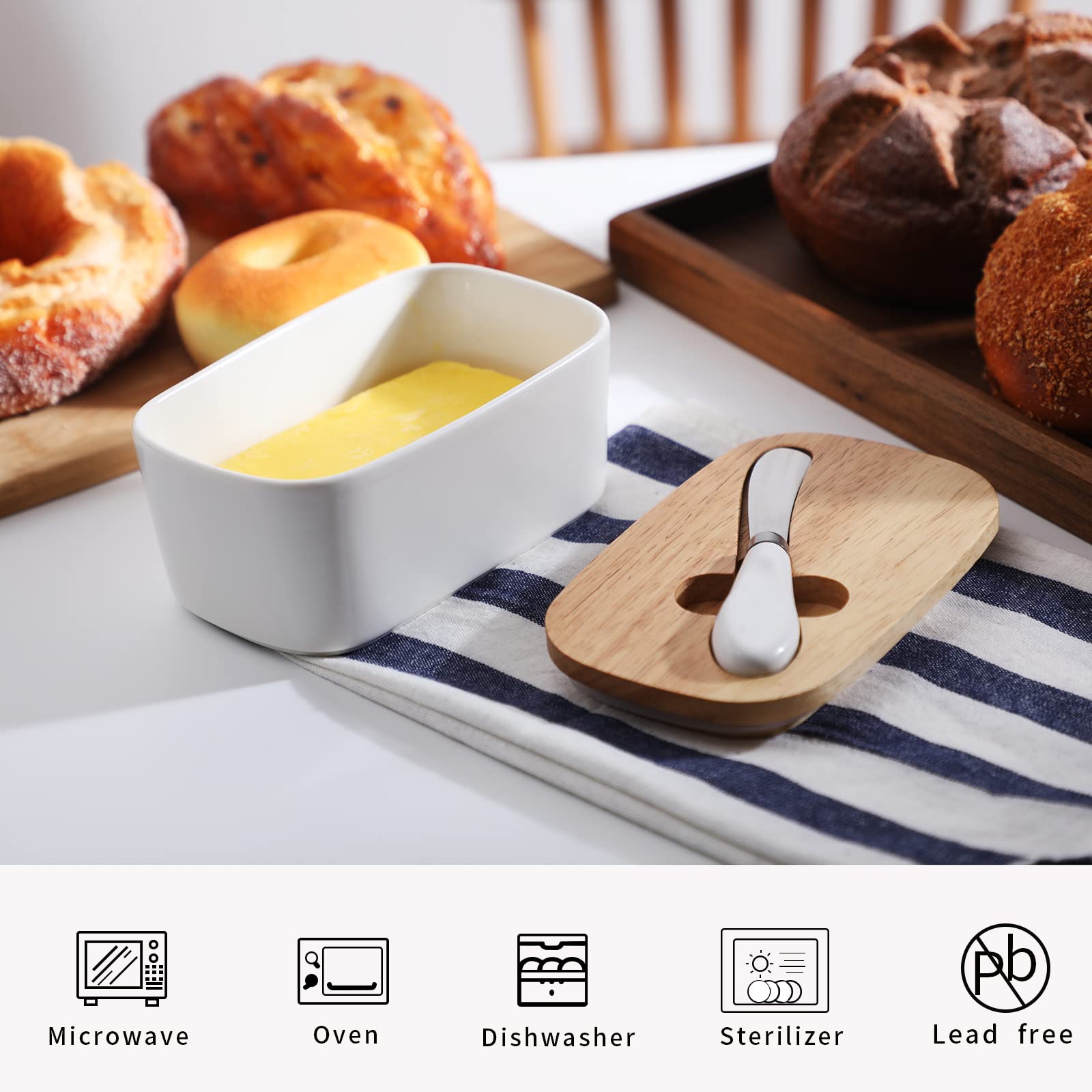 Large Ceramic Butter Dish with Silicone Seal - Natural Wood Lid & Stainless Steel Butter Knife - Countertop Butter Keeper for Fresh Storage - Elegant White Kitchen Decor & Housewarming Gift for Bakers & Home Chefs