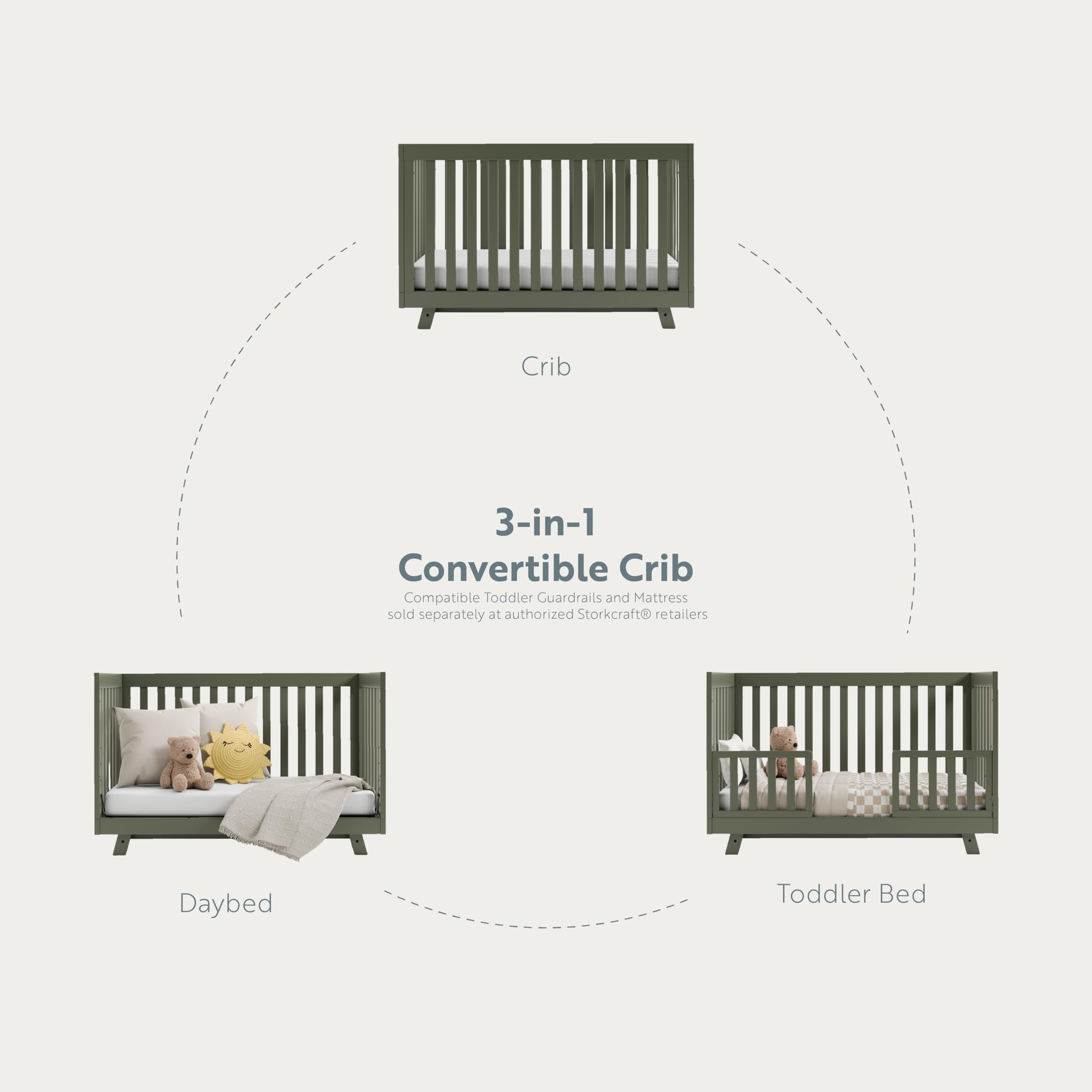 Storkcraft Beckett 3-in-1 Convertible Crib in Olive - GREENGUARD Gold Certified, Converts from Crib to Toddler Bed, Fits Standard Full-Size Crib Mattress | Safe Nursery Furniture for Newborns & Toddlers | Perfect for Baby Rooms & Daycare Centers