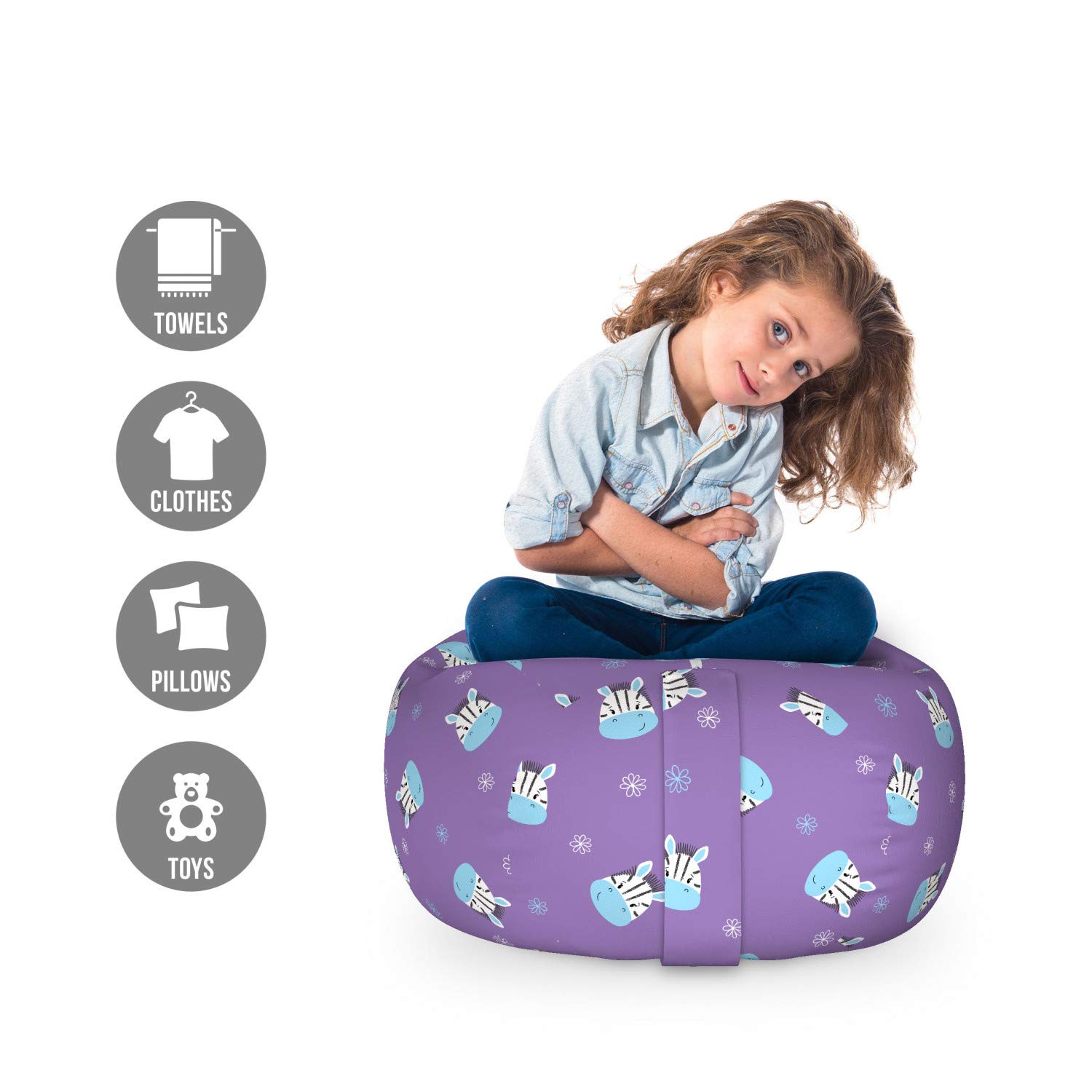 Lunarable Savannah Storage Toy Bag Chair - Floral & Zebra Print Stuffed Animal Organizer, Washable Small Blue Toy Storage Bag for Kids' Room, Nursery, or Playroom Organization