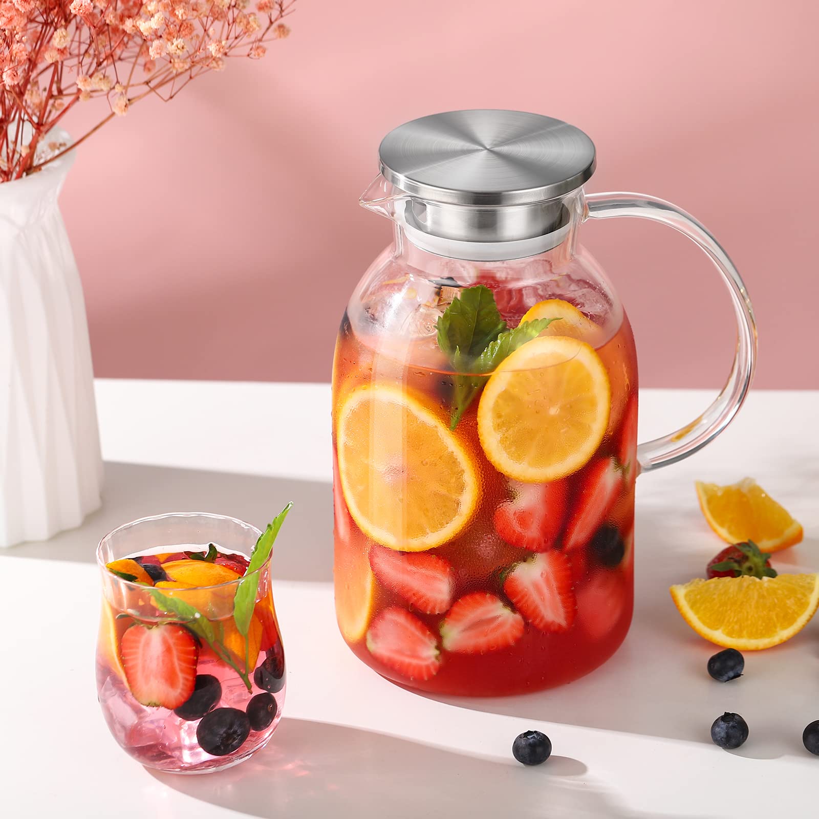 75oz Glass Pitcher with Lid & Free Brush - Heat Resistant Water Pitcher with Spout - Iced Tea, Juice & Beverage Carafe - Perfect for Fridge Storage & Entertaining - BPA-Free Large Capacity Pitcher for Lemonade, Cocktails & Party Drinks