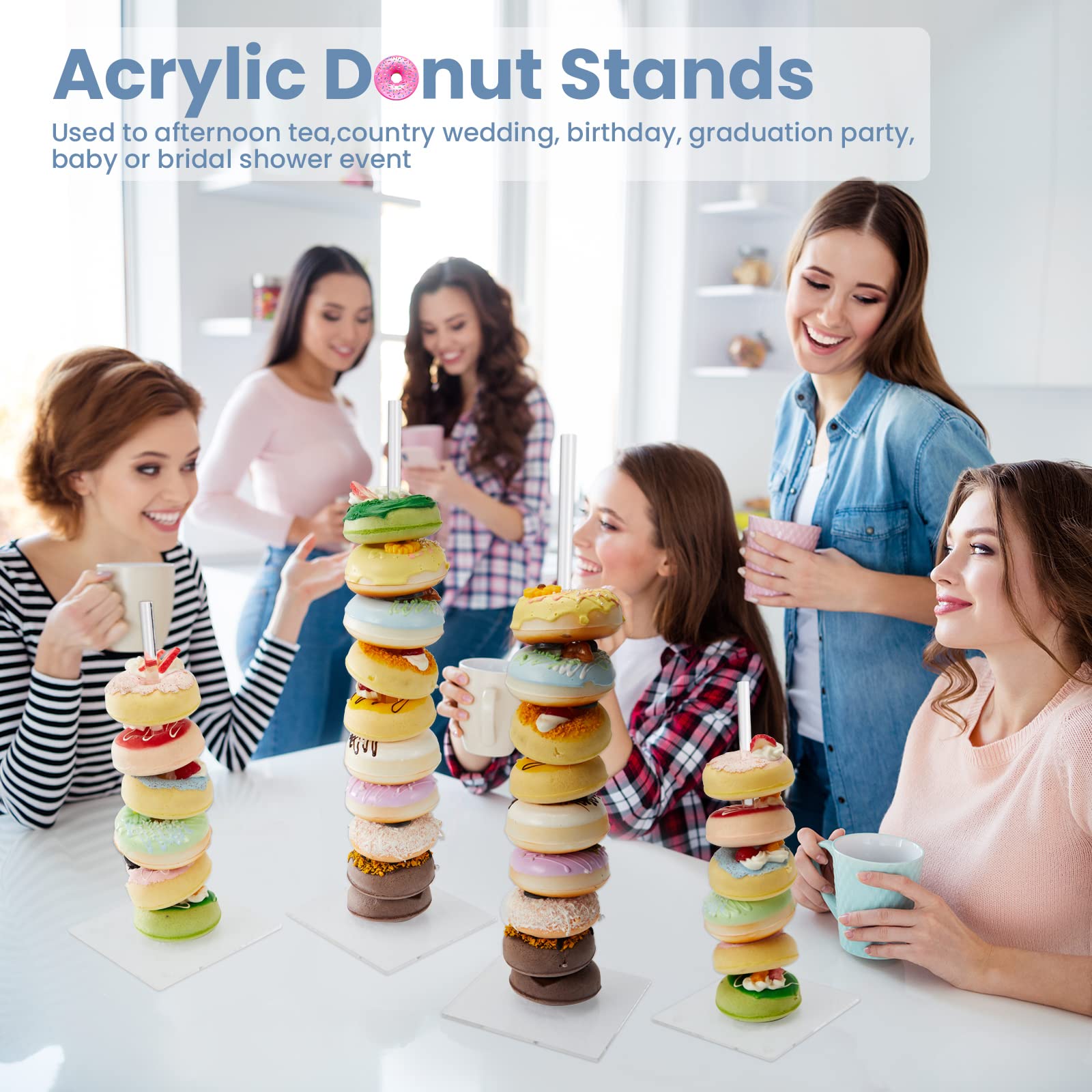12 Pack Acrylic Donut Stands - 15.4 Inch & 10 Inch Clear Donut Display Holders with Removable Tower for Bagels, Cupcakes - Perfect for Birthday, Wedding, Baby Shower Party Decor & Bakery Display