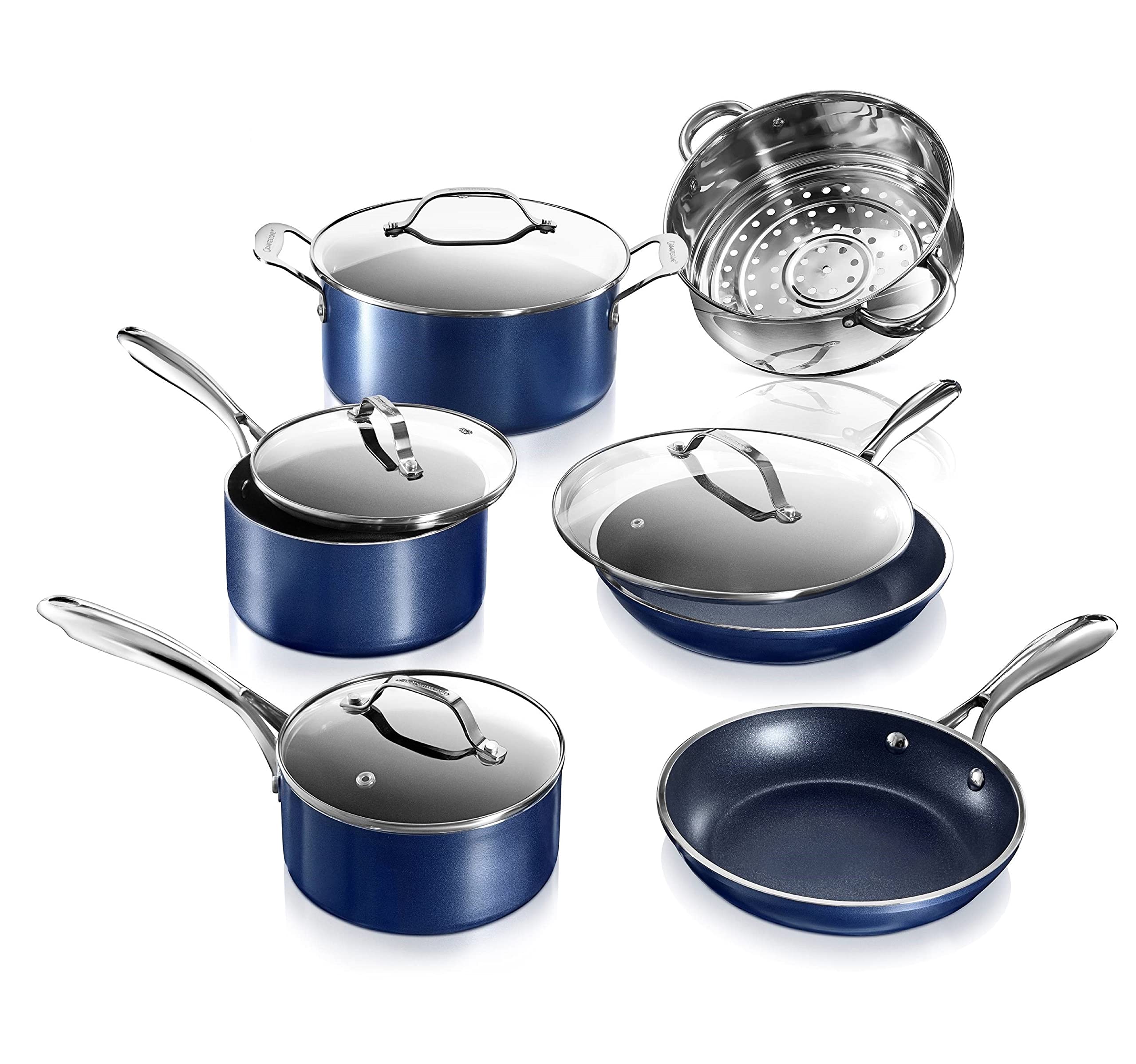 Granitestone 10-Piece Nonstick Cookware Set with Lids - Diamond Coated, Non-Toxic & Dishwasher Safe Pots and Pans Set - Blue Kitchen Cookware for Frying, Boiling & Sauteing - Perfect for Home Cooking & Professional Chefs