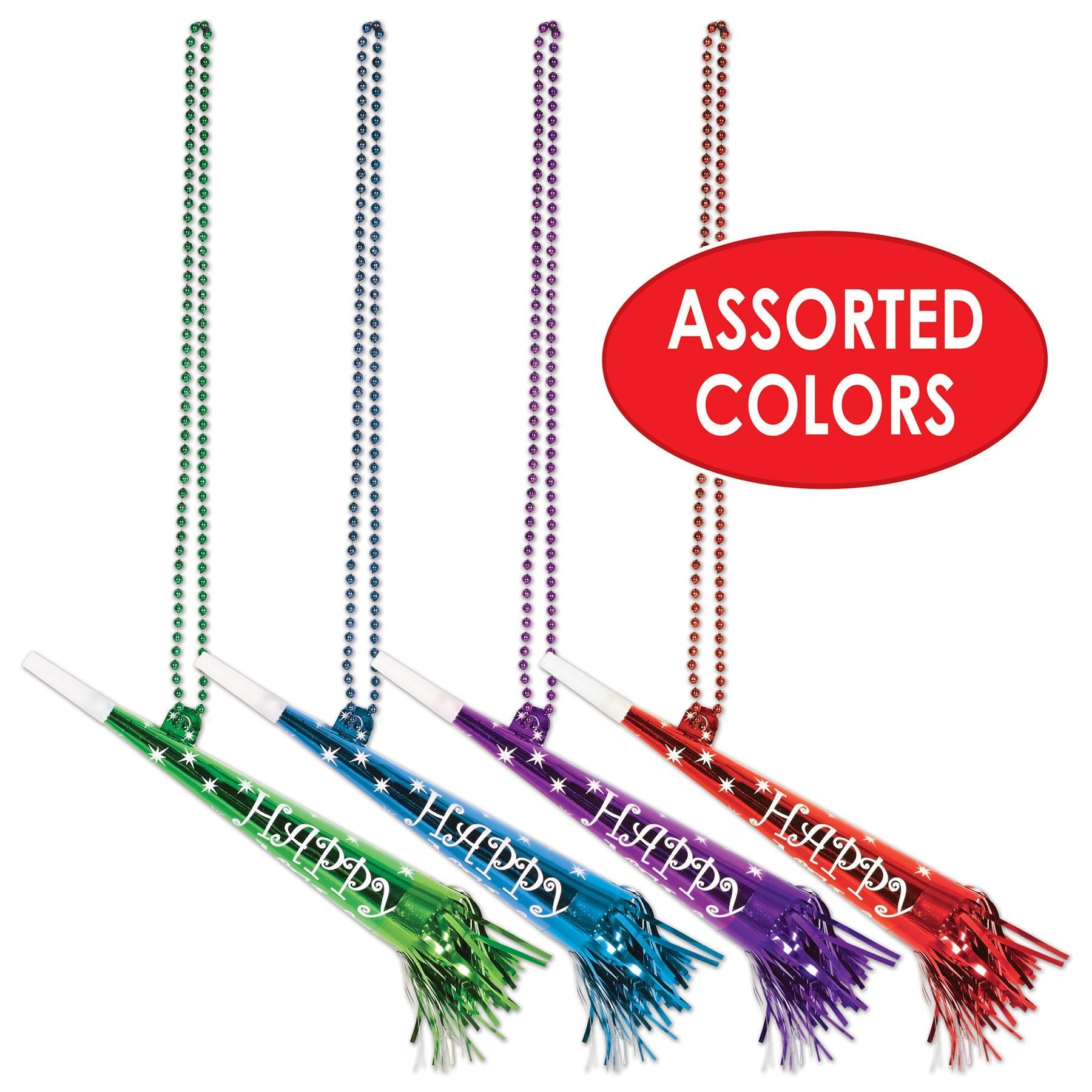 12 Pack Beistle Party Bead Necklaces with Happy New Year Horns - Perfect for Mardi Gras, New Year's Eve & Carnival Celebrations