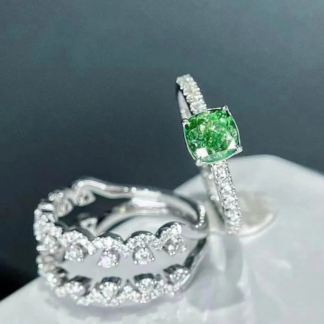 SGARIT 18K White Gold 1 Carat Princess Cut Green Diamond Engagement Ring for Women - Detachable Three Layer Design, Luxury Wedding Jewelry for Brides, Anniversary Gifts & Special Occasions