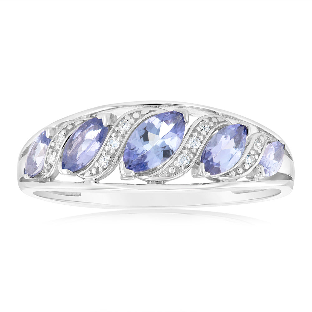 6 Marquise Cut Tanzanite & 10 Diamond Ring in 9K White Gold - Elegant Engagement, Wedding & Anniversary Jewelry Gift