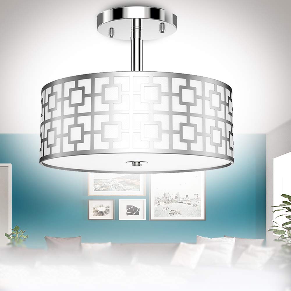 Stylish Semi Flush Mount Ceiling Light Fixture - 3 Bulb Iron Drum Pendant Chandelier in Chrome Finish for Bedroom, Hallway, Kitchen, Living & Dining Room | Modern Home Lighting for Entryway, Foyer & Interior Decor