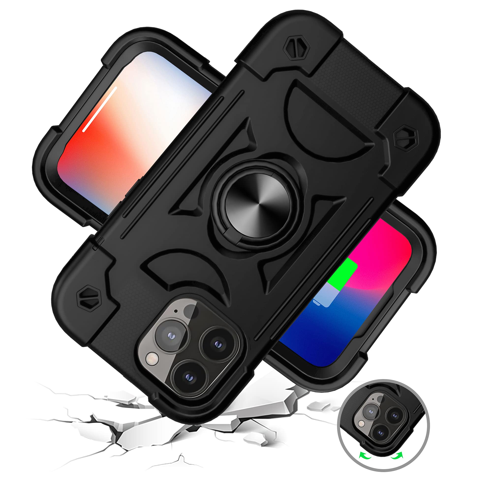 Omio Heavy Duty Rugged Case for iPhone 12 Pro Max (6.7 Inch) - Military Grade Shockproof Phone Cover with Ring Stand & Magnetic Car Mount | Perfect for Outdoor, Work & Travel - Black