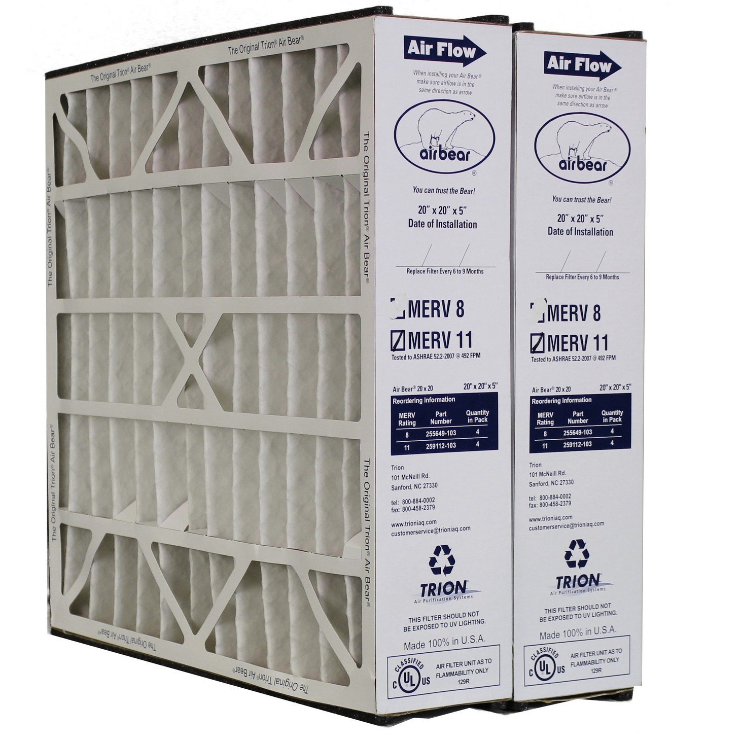 Trion Air Bear 20x20x5 MERV 11 Air Filter 2-Pack (259112-103) - Perfect for HVAC Systems, Commercial Buildings & Home Air Purification