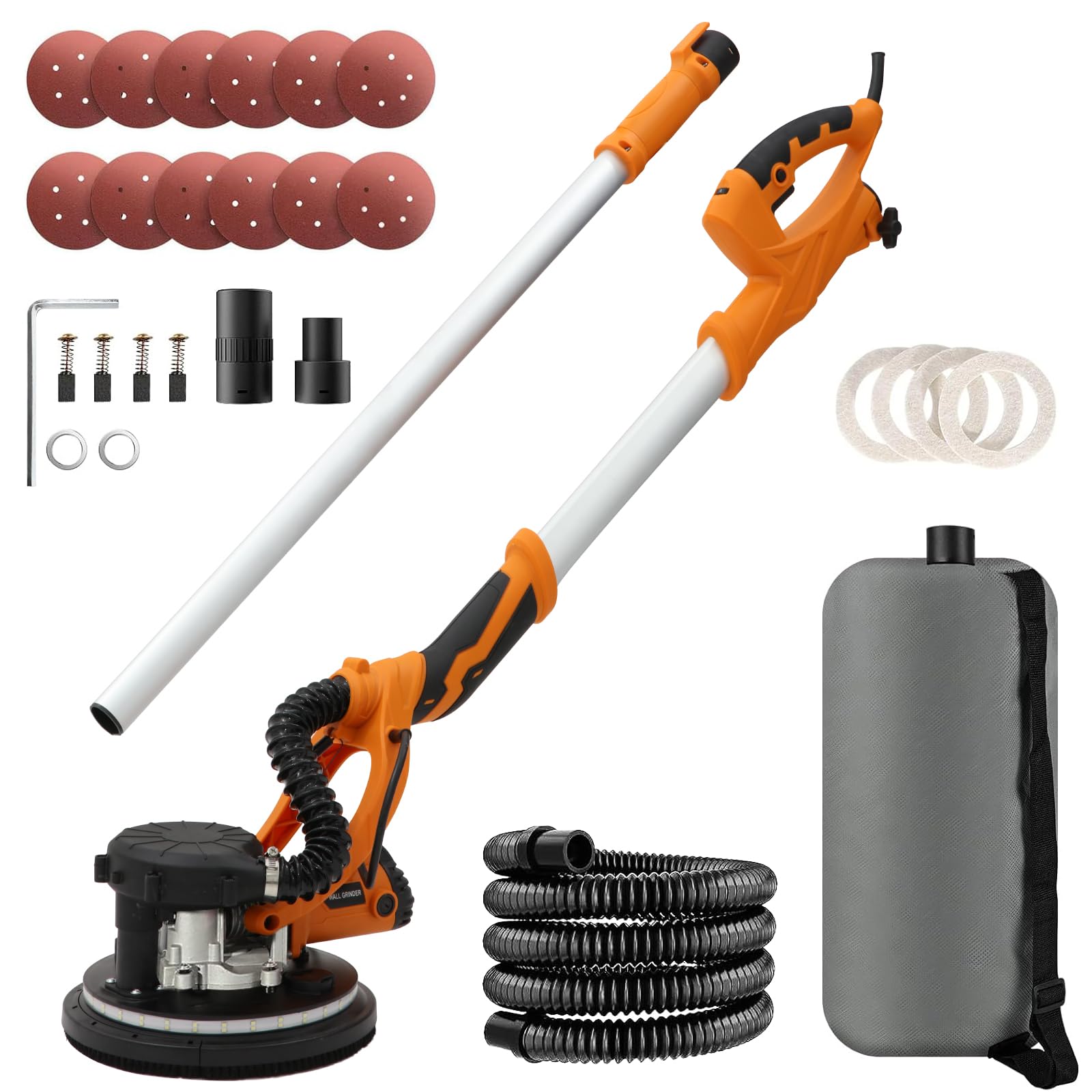 1250W Electric Drywall Sander with Vacuum - 11.5 Amp, 5-Speed Adjustable (800-1800 RPM) | Telescopic Handle with LED Light | Dust Collection Bag & 6.6ft Hose | Perfect for Drywall Repair, Ceiling Sanding & Home Renovation Projects