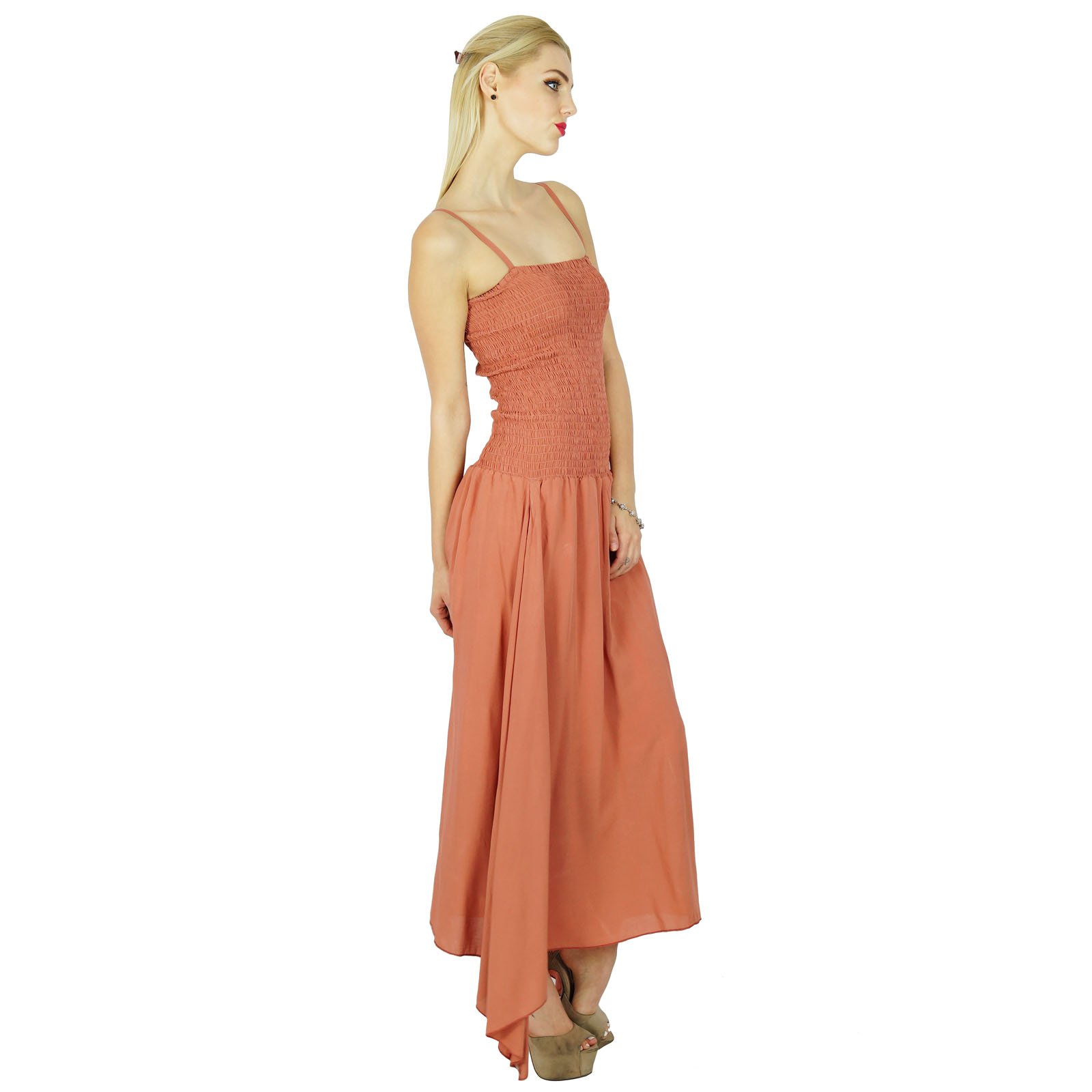 Bimba Women's Long Maxi Dress with Smocked Waist - Flowy Summer Casual Spaghetti Strap Dress in Rosy Brown - Perfect for Beach Vacations, Date Nights & Outdoor Parties