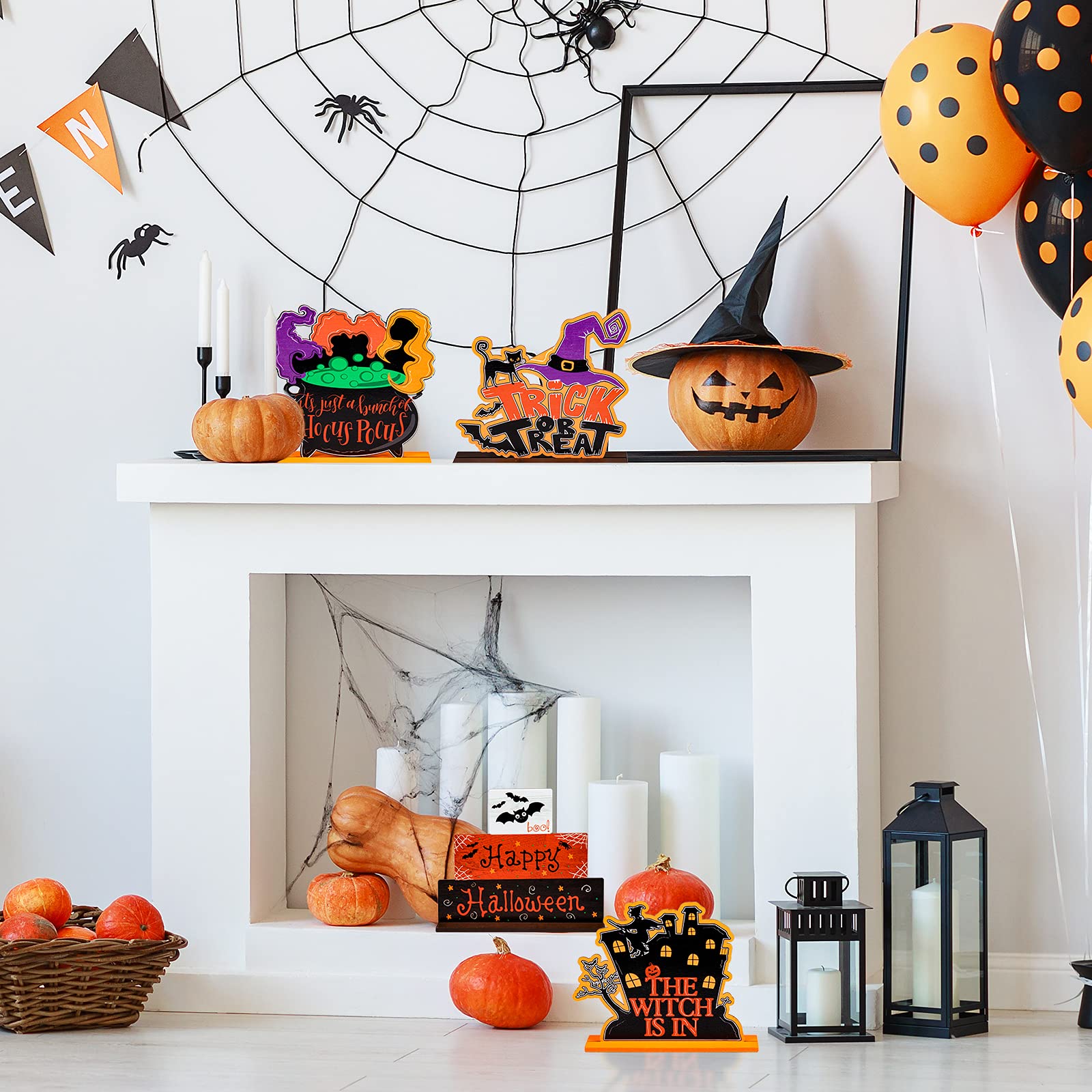 Whaline 4Pcs Halloween Wooden Table Centerpieces - Spooky Witch, Bat & Castle Decorations for Trick or Treat, Happy Halloween Party, Home, Office, Farmhouse & Fireplace - Perfect for Halloween Table Topper, Mantel Decor & Seasonal Party Decorations