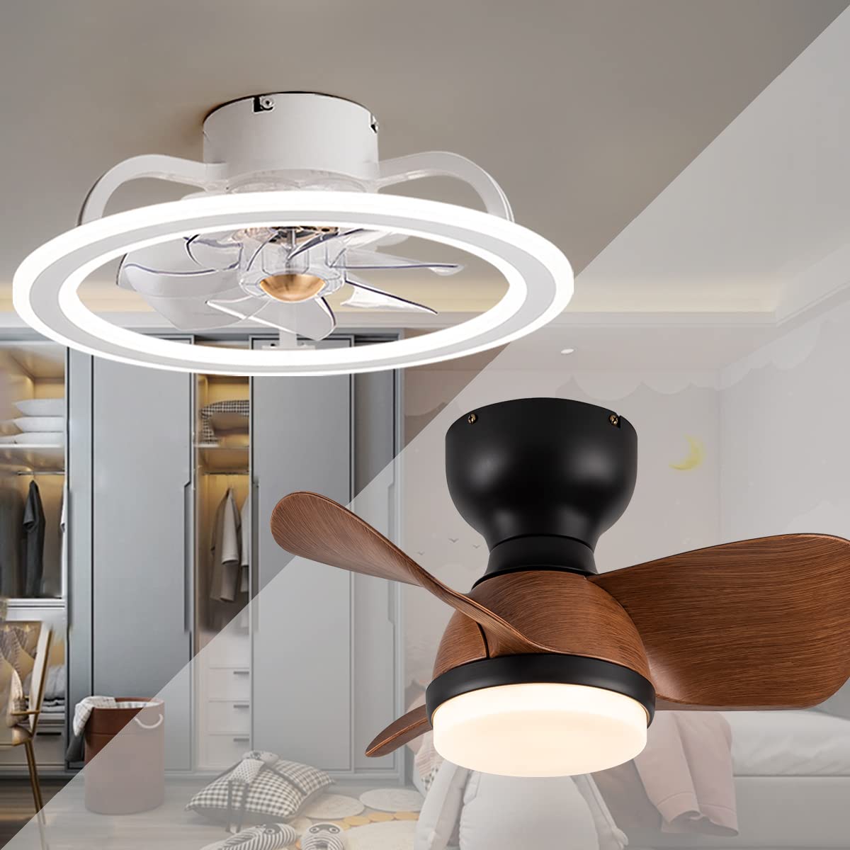 EKIZNSN 20 Inch Dual Ceiling Fan with Lights - Modern Enclosed Flush Mount Ceiling Fan (22 Inch) - Perfect for Bedroom, Living Room & Office - Energy Efficient & Quiet Operation