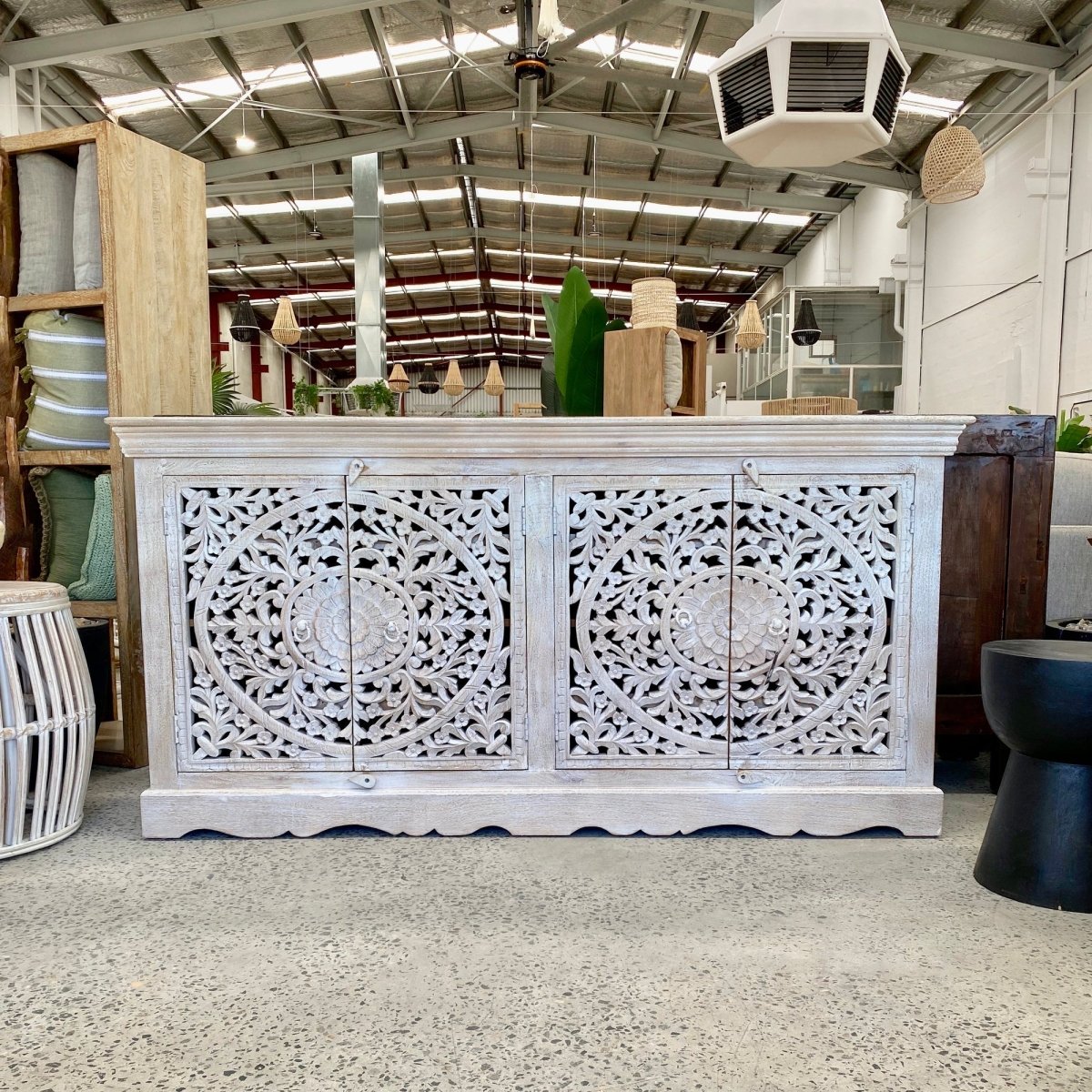 Hand Carved Wooden Four Door Sideboard - Handmade Indian Design Buffet Table for Dining Room, Living Room & Entryway Storage | Solid Wood Cabinet with Traditional Carvings