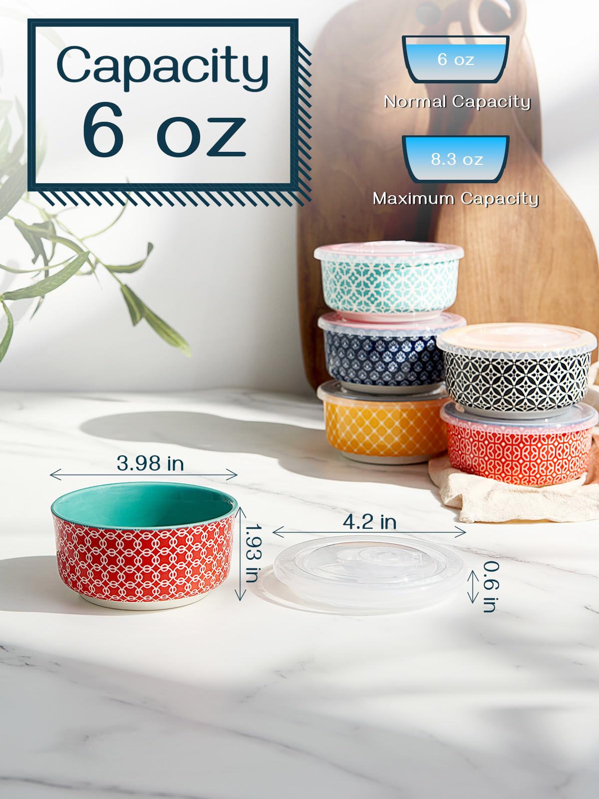 DOWAN 6 oz Ceramic Ramekins with Lids - Oven Safe Baking Dishes for Creme Brulee, Souffle, Custard, Pudding, Ice Cream - Set of 6 Vibrant Color Mini Bowls - Perfect for Desserts, Dips & Party Serving