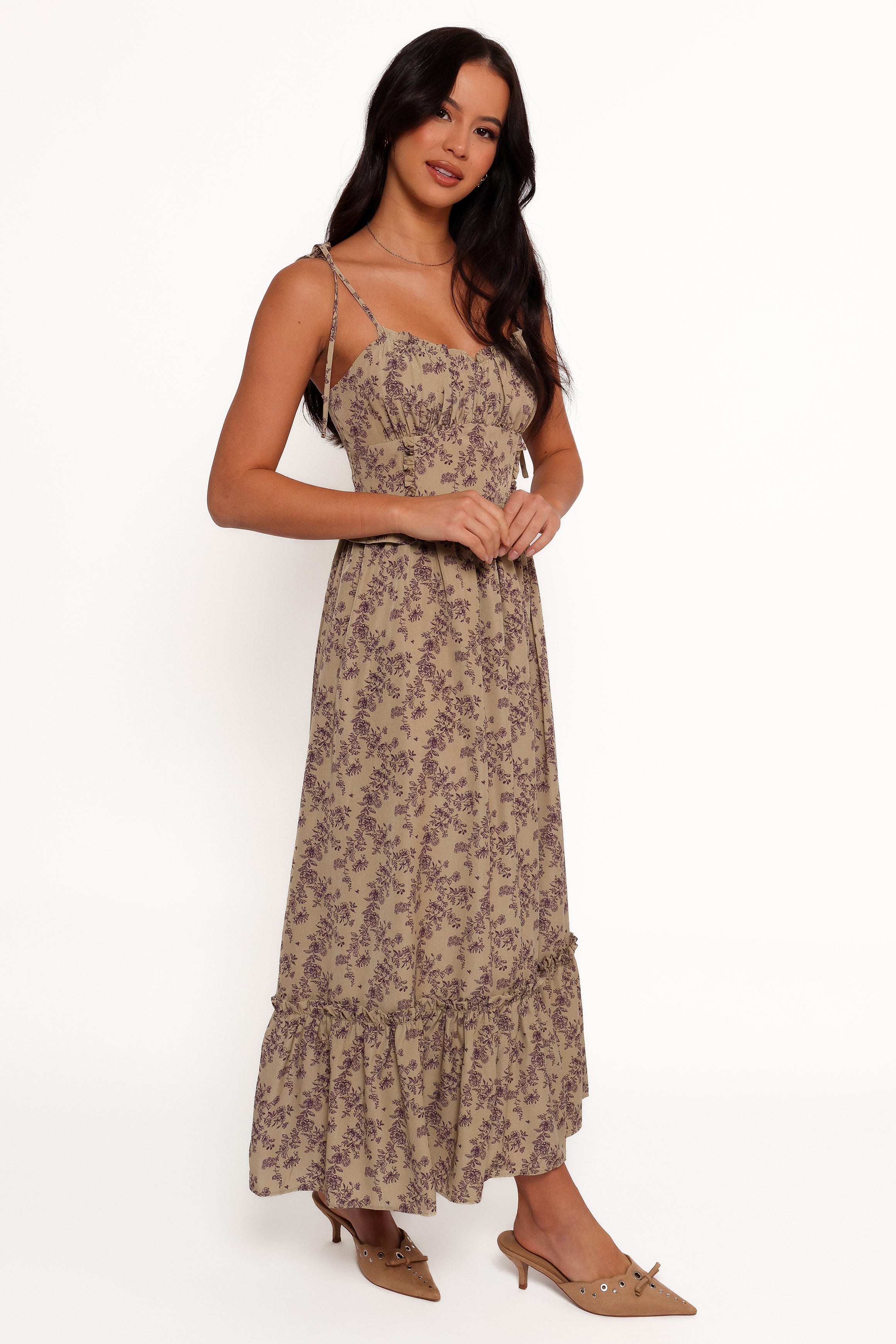 Karie Midi Dress for Women - Olive & Dark Purple Flowy Summer Dress | Perfect for Beach Vacation, Date Night & Casual Outings