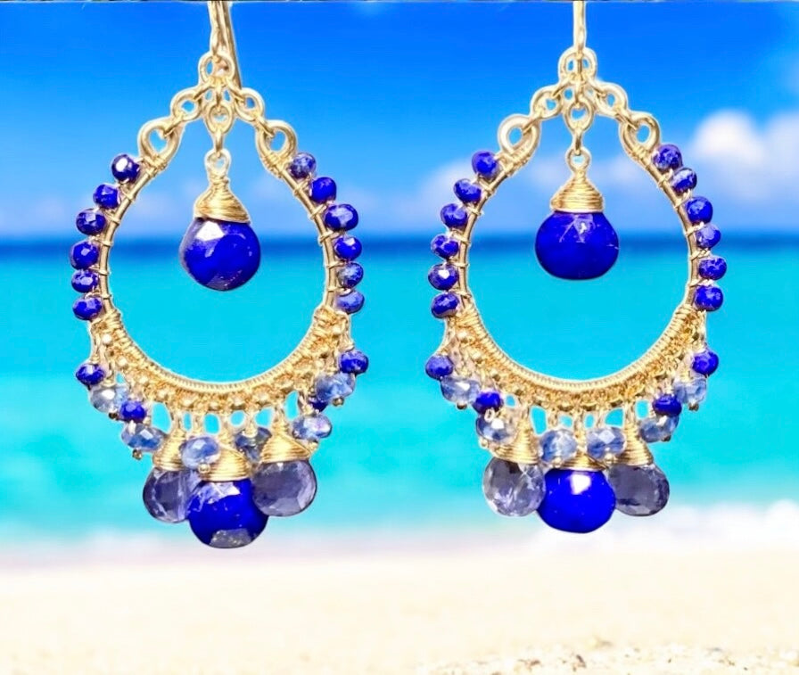 Blue Gemstone Gold Hoop Chandelier Earrings - Lapis, Kyanite & Iolite - Elegant Statement Jewelry for Parties, Weddings & Special Occasions