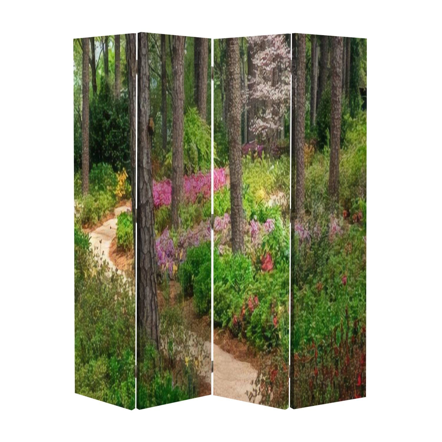 Wooden Screen Room Divider - Azalea & Flower Garden Pathway Design | Folding Privacy Partition Panels with Dual-Sided Canvas | 6-Panel Indoor Wall Divider for Home Office, Bedroom, and Living Room Display