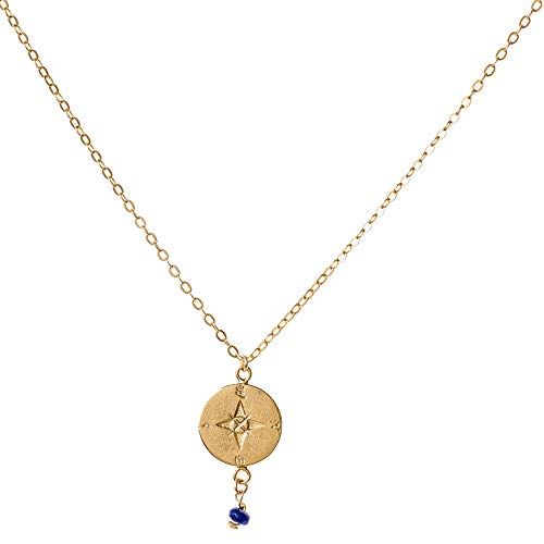 Custom Gold Compass Charm Necklace with Blue Birthstone Beads - Perfect for Travel Gifts, Birthday Presents & Spiritual Jewelry
