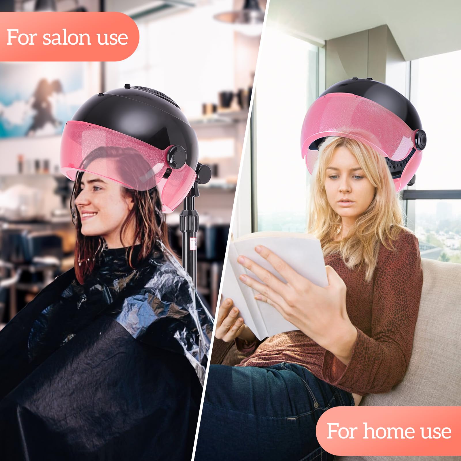 1500W Professional Hooded Hair Dryer with 3 Heat Settings & Timer - Touch Control Stand-Up Blow Dryer for Salon & Home Use (Pink) | Perfect for Curly Hair, Perms & Deep Conditioning Treatments