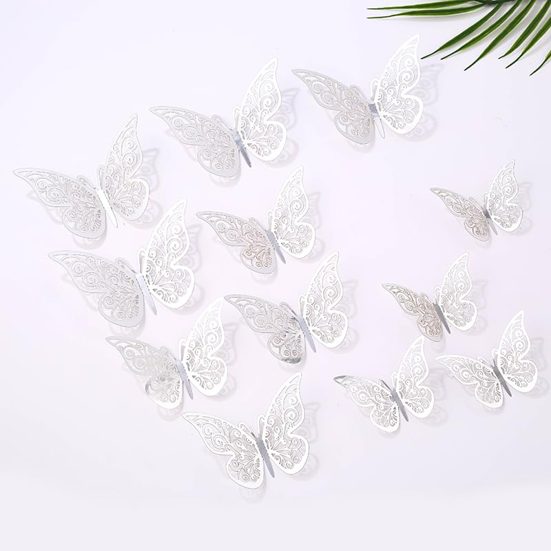 3D Butterfly Wall Decor - 72Pcs Silver Butterfly Stickers in 3 Sizes for Birthday Party, Wedding & Nursery Room Decoration - Removable Wall Decals for Cake Decor, Kids Room & Home Decor - Perfect for Baby Showers, Gender Reveals & DIY Projects