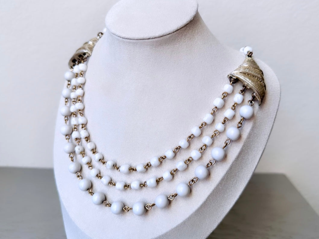 Vintage Gold and White Glass Bead Necklace - Triple Strand Beaded Chain Jewelry - 14-18 Inch Adjustable - Elegant Estate Costume Jewelry for Women - Perfect for Weddings, Parties & Special Occasions