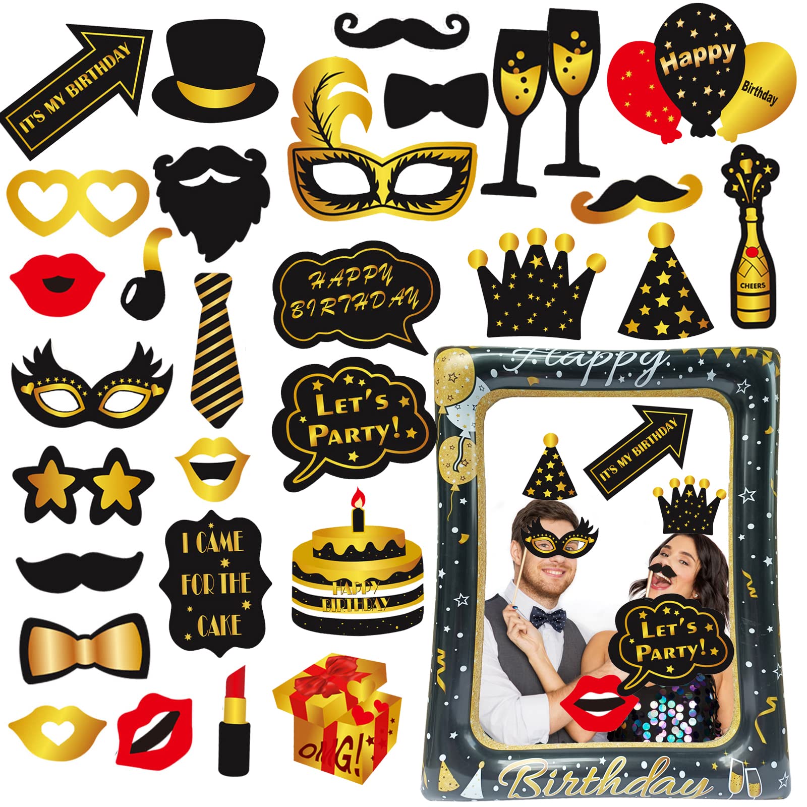 LMSHOWOWO Black & Gold Inflatable Birthday Photo Booth Frame - Giant Selfie Backdrop with Party Props for Women & Men - Perfect for Birthday Decorations, Anniversaries & Special Events