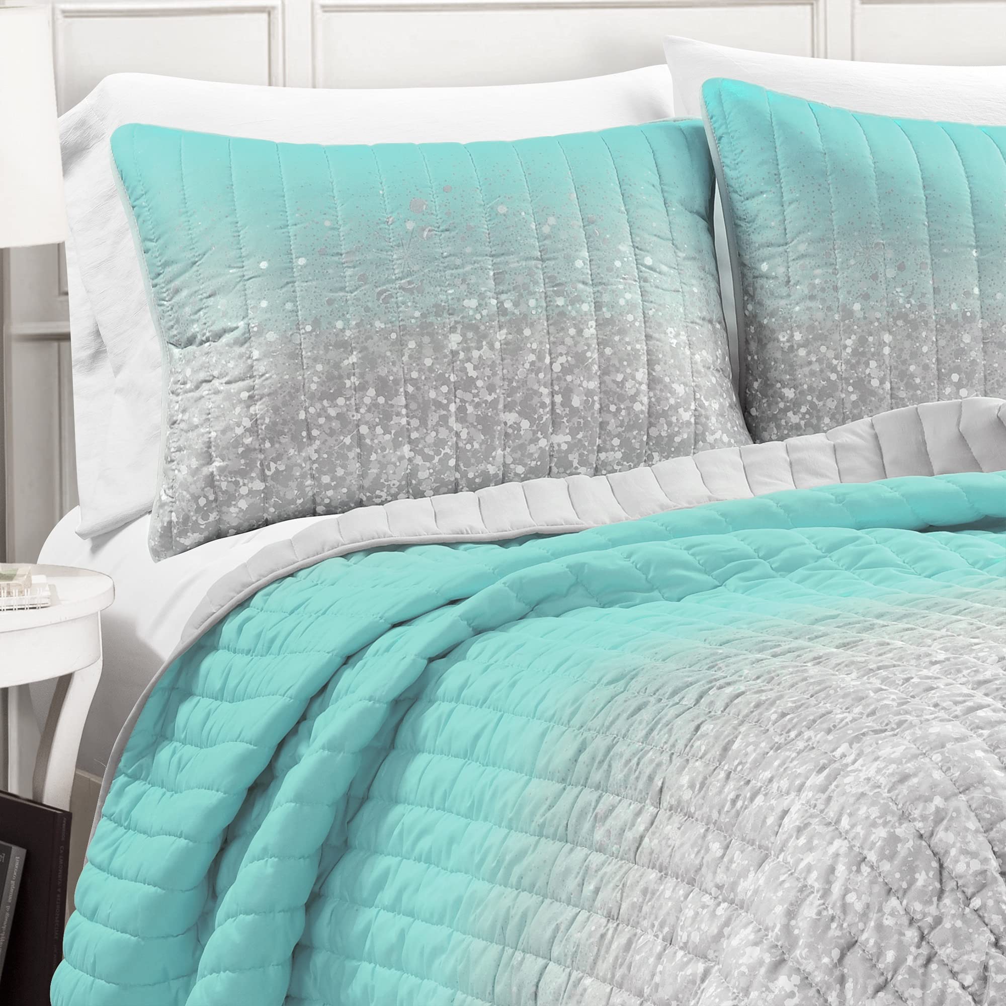 Lush Decor Glitter Quilt Set Full/Queen - Aqua & Gray for Bedroom Decor