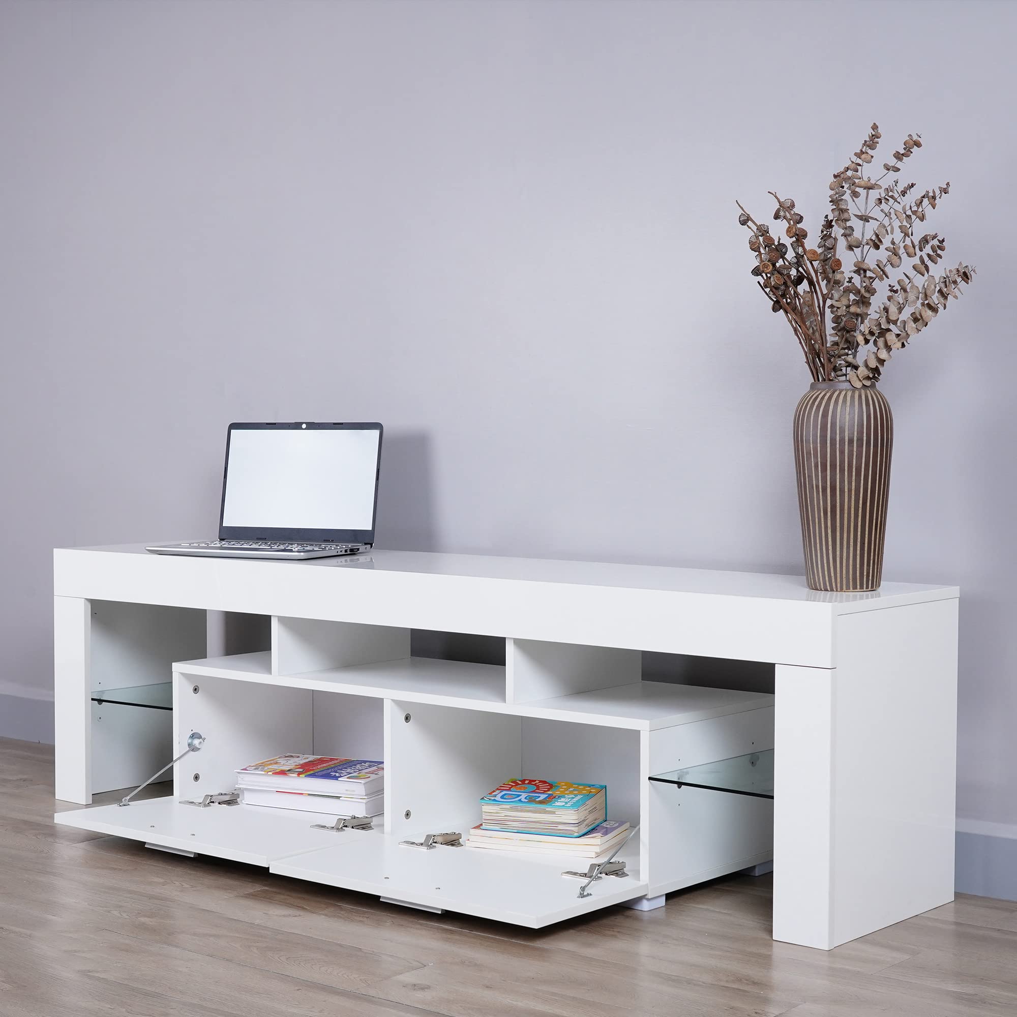 Modern LED TV Stand with High Gloss Finish - White TV Cabinet with Storage for Living Room, Bedroom & Lounge - Easy Assembly Entertainment Center for Flat Screen TVs
