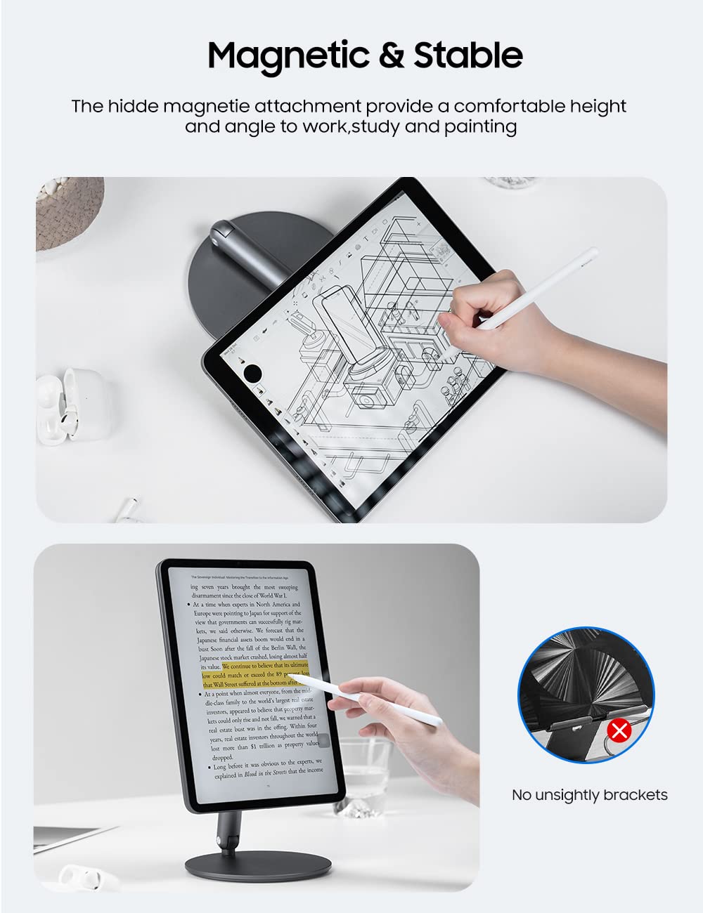 BENKS Magnetic iPad Stand Holder - Foldable Portable Tablet Stand with 360° Adjustable Rotation, Aluminum Desktop Stand Compatible with iPad Pro 12.9