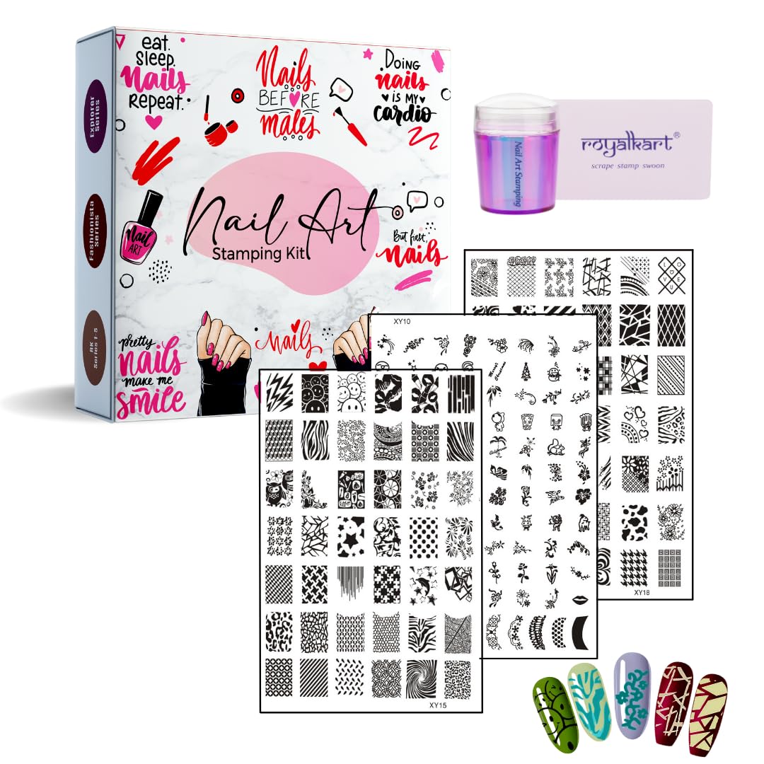 RoyalKart Professional Nail Art Kit for Women & Girls - 3-Piece Nail Stamping Set with Stamper, Scraper & Finger Tip Guide (XY15, XY10, XY18) | DIY Manicure Tools for Home Salon, Party Nail Design & Gift Ideas