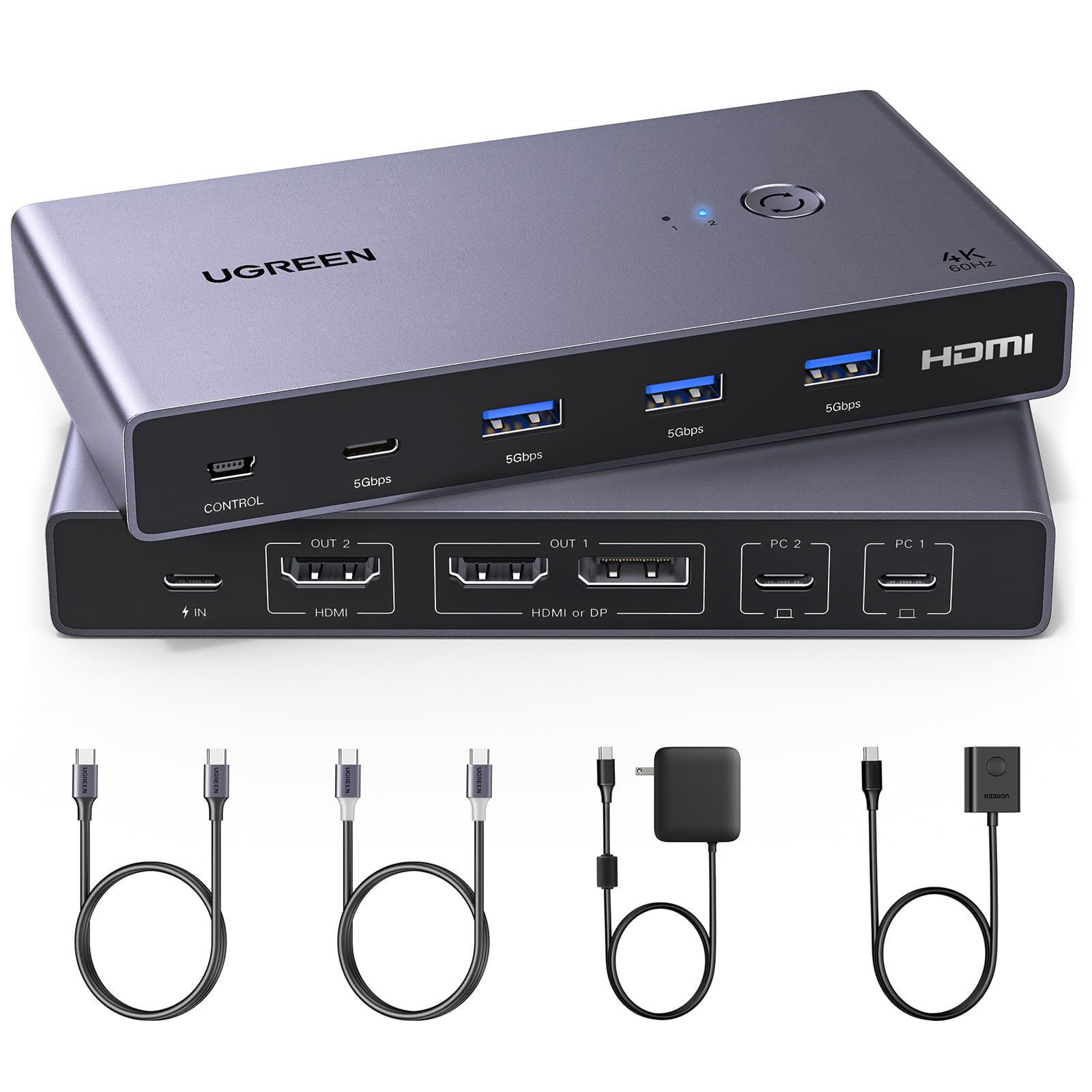 UGREEN USB-C KVM Switch 2 Monitors 2 Laptops - 4K@60Hz Dual Monitor Sharing with 4 USB 3.0 Ports & 100W PD Charging - Includes Keyboard/Mouse/Printer/HDD Sharing, 2 USB-C Cables & Remote Controller - Perfect for Home Office & Multi-Device Workspace Setup