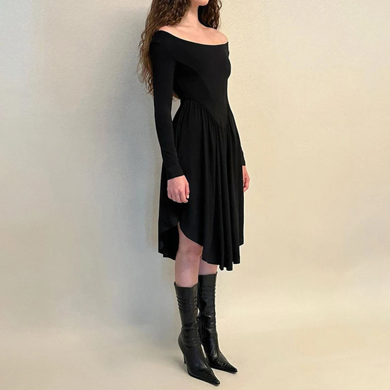 Elegant Black Off-Shoulder Asymmetrical Party Dress for Women - Midi Pleated Club Dress with Solid Color & Folds - Perfect for Autumn Events, Night Out & Special Occasions