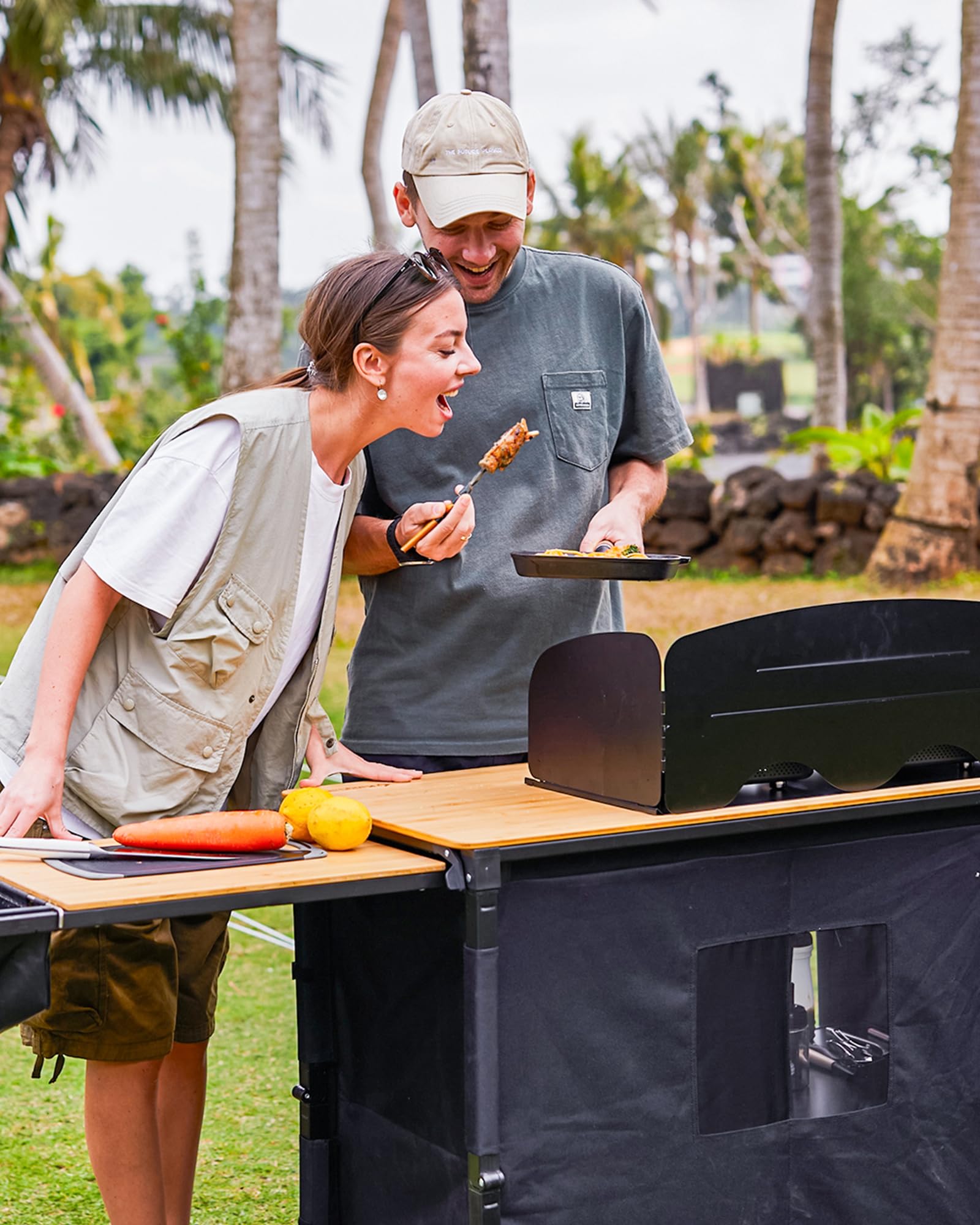 KingCamp XL-Black Bamboo Folding Camping Table with Aluminum Frame, Lantern Pole, Side Hooks & Pockets - Portable Outdoor Cooking Station for Camping, Picnics, BBQ & Tailgating