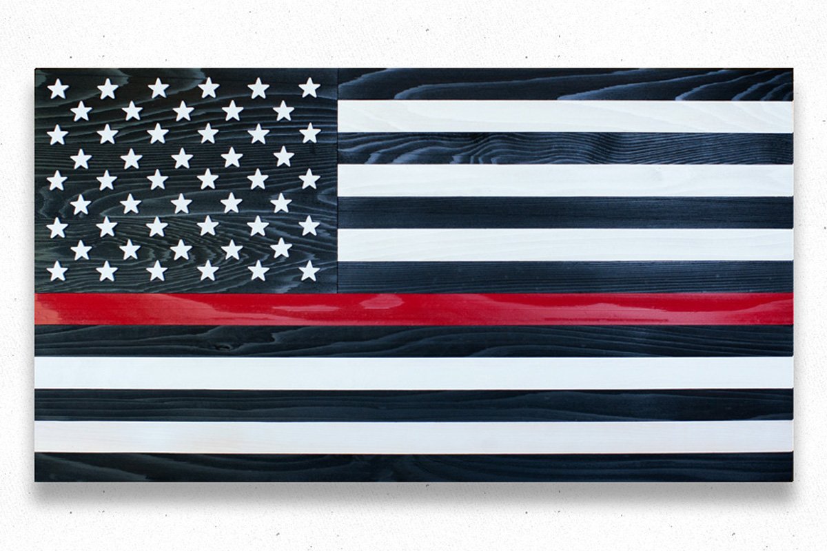 Thin Red Line Wood Flag - Handcrafted Firefighter Wood Flag for Fire Department - Patriotic Red Line American Flag for Wall Decor, Fire Station, Home & Office Display