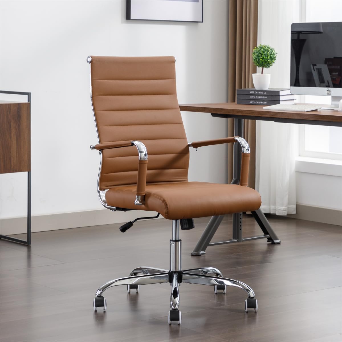 Premium Leather Office Desk Chair with Wheels - Ergonomic Executive Computer Chair for Conference Room, Modern Ribbed Design (Brown) - Ideal for Home Office, Corporate Workspaces & Professional Environments