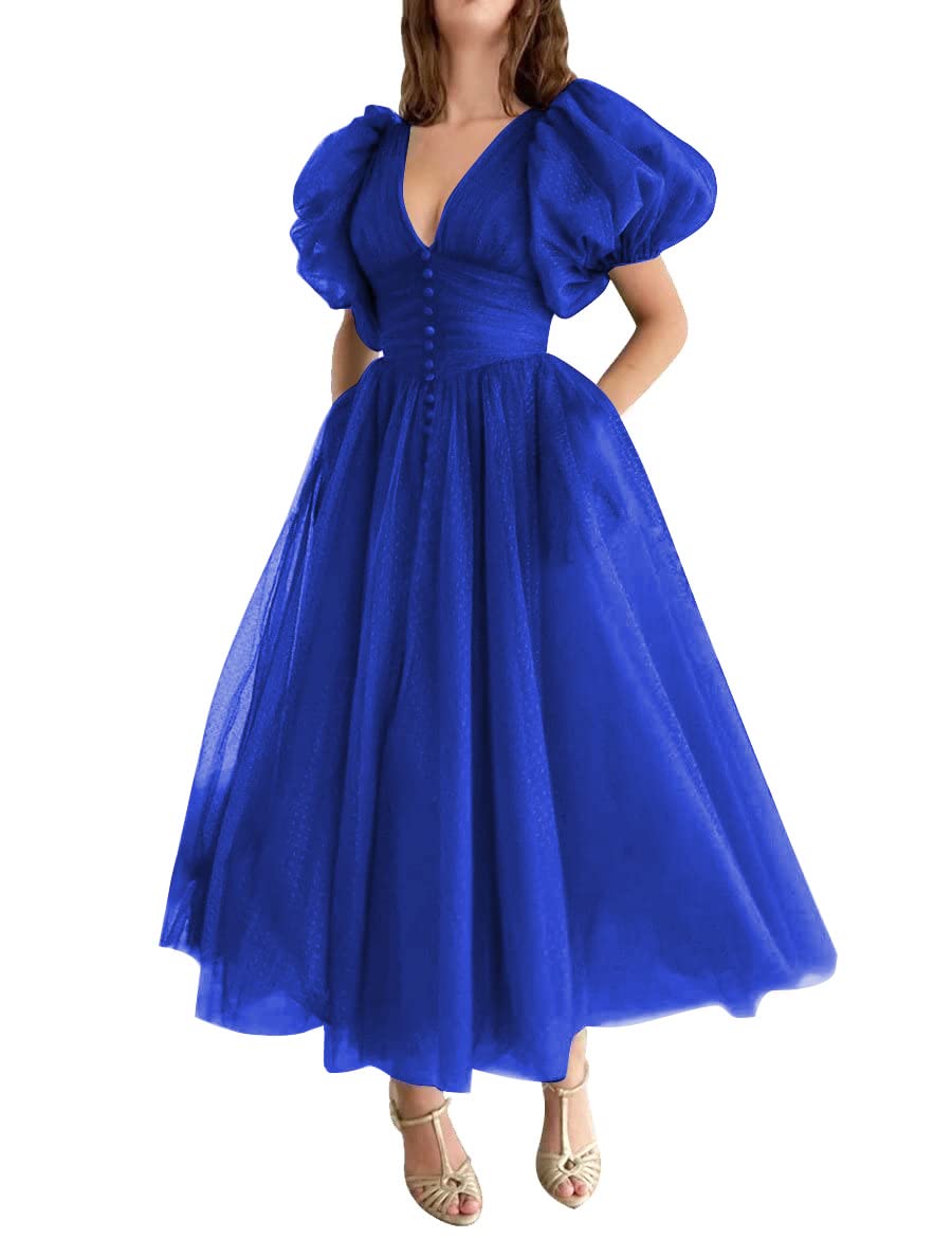 Elegant Royal Blue Puffy Sleeve Prom Dress for Women | Tea-Length A-Line Formal Evening Gown | Plus Size Wedding Ball Gown for Bride | Perfect for Prom, Homecoming, Quinceanera & Special Occasions