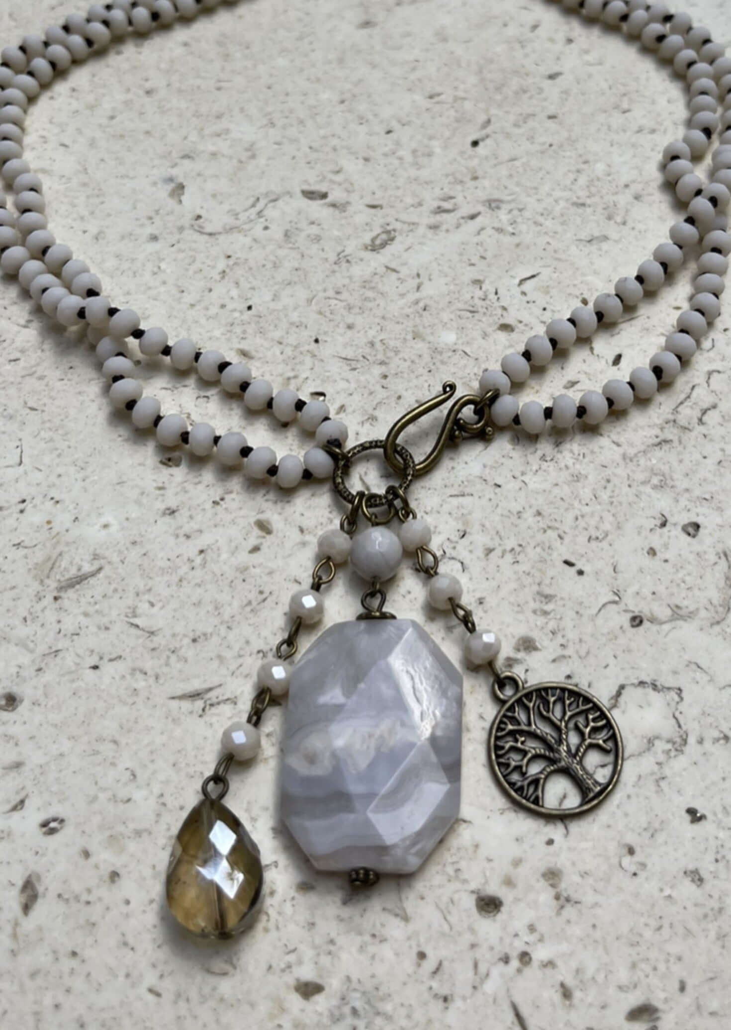 Handmade Creamy Steele Gray & White Natural Stone Beaded Charm Necklace - USA Made | Perfect for Boho Fashion, Layering & Gift Giving