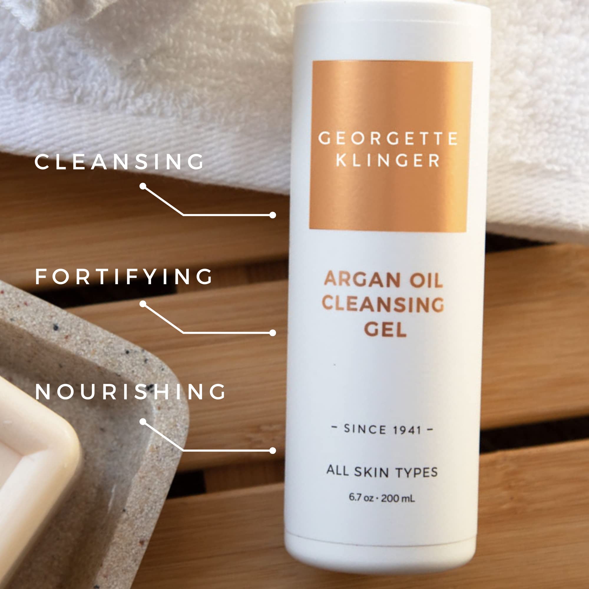 Georgette Klinger Argan Oil Cleansing Gel - Nourishing & Moisturizing Face Wash with Antioxidant-Rich Argan, Olive & Bergamot Oils - Deeply Cleanses Dirt, Makeup & Excess Oil - 6.7 oz - Perfect for Daily Skincare Routine & Makeup Removal