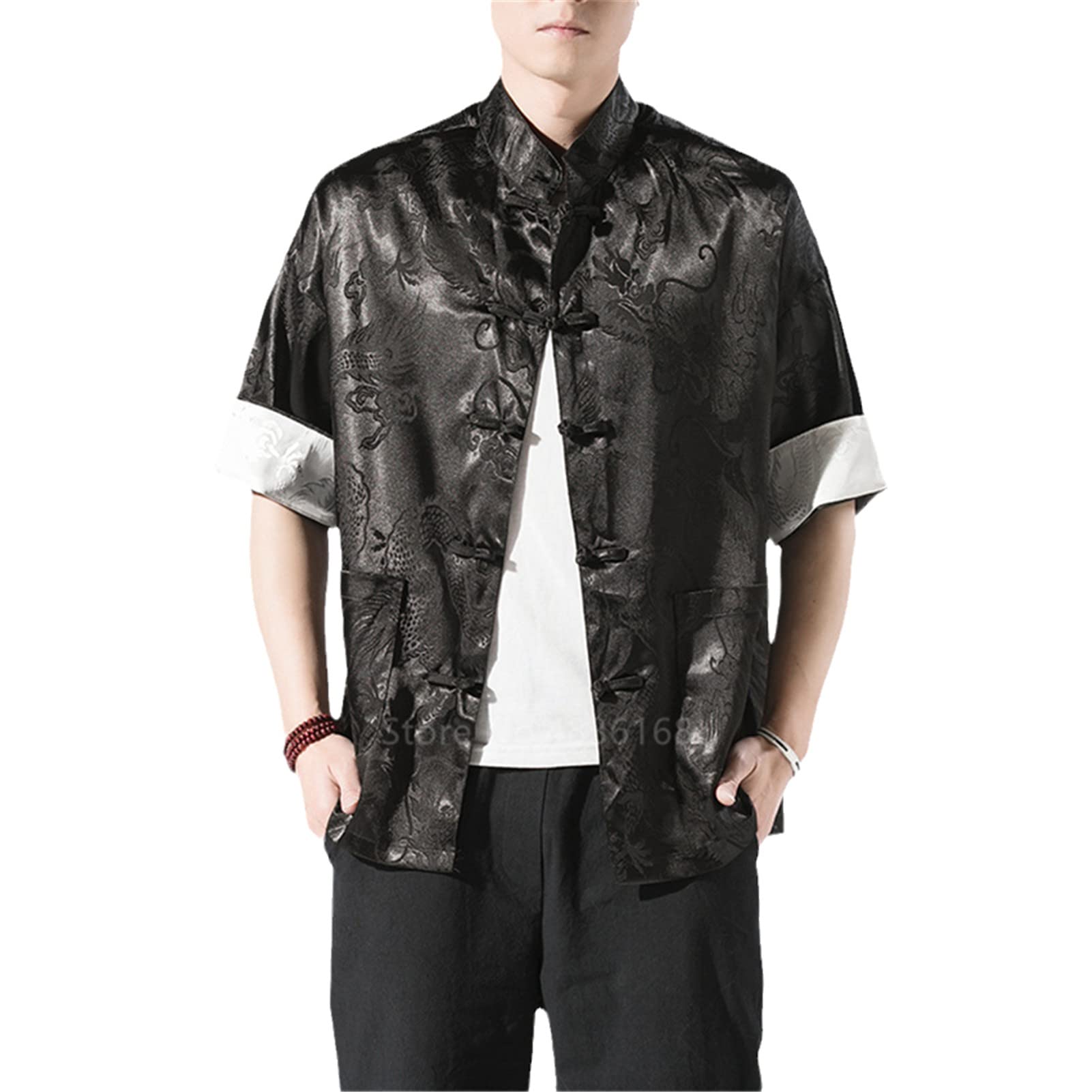 Vintage Chinese Silk Satin Hanfu Blouse for Men - Traditional Tang Collar Shirt with Elegant Embroidery | Perfect for Cultural Events, Cosplay, and Special Occasions