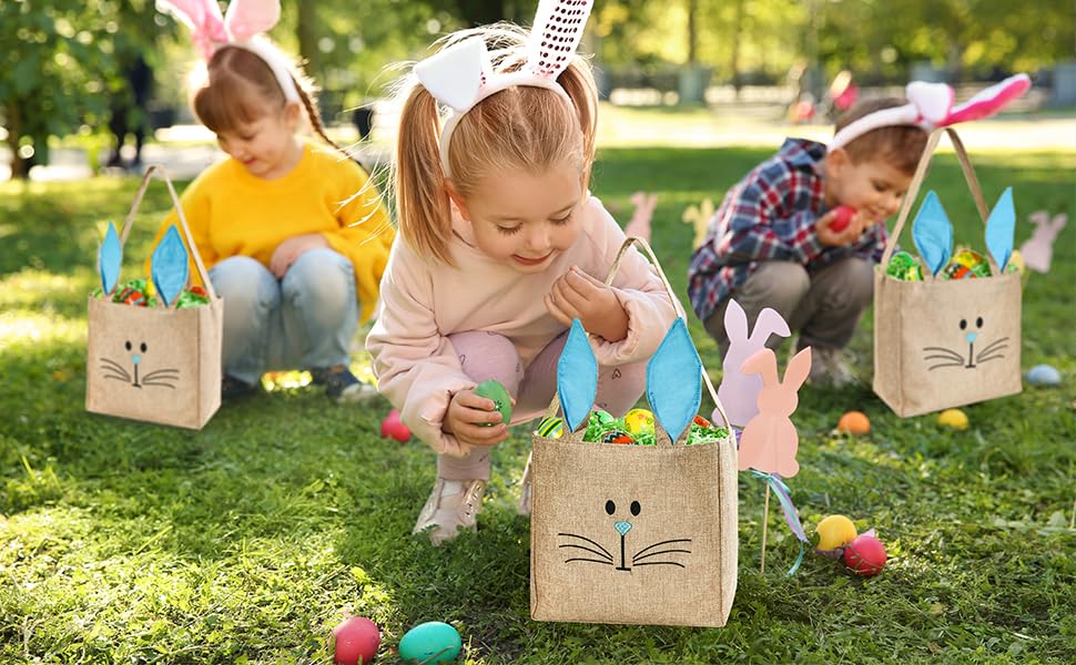 Easter Bunny Baskets - Pink Burlap Rabbit Tote Bags for Egg Hunt, Kids & Toddlers (Boys & Girls) - Perfect for Easter Party Favors, Spring Celebrations & Gift Giving