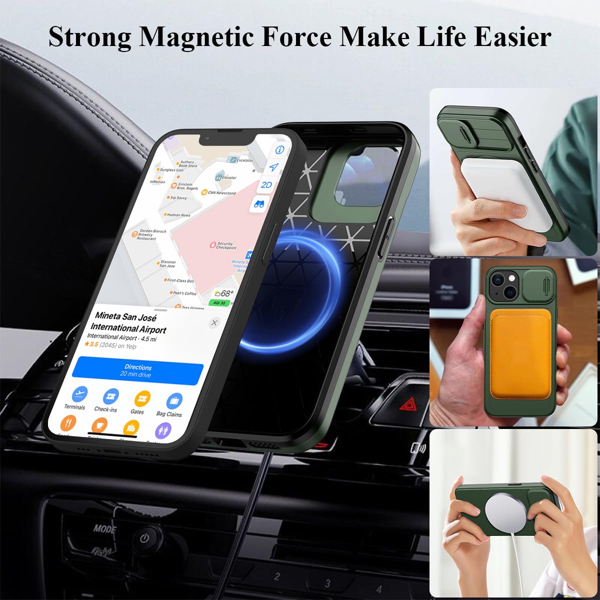 LakiBeibi iPhone 15 Case with Slide Camera Cover - Shockproof Heavy Duty Protective Case with Magnetic Rotating Ring Holder - Compatible with iPhone 15 (Green) - Perfect for Outdoor Activities, Travel, and Daily Protection