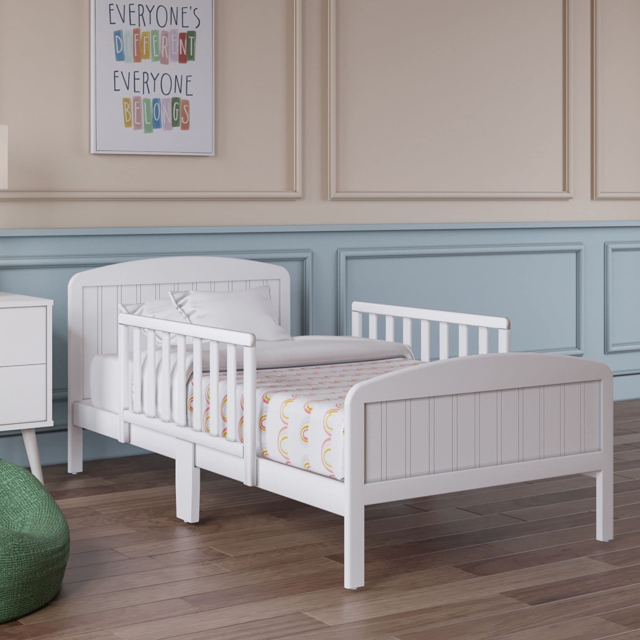 Harrisburg Solid Wood Toddler Bed with Safety Rails - Modern Low Profile Transitional Bed for Kids, Fits Crib Mattress - Perfect for Nursery, Daycare or Small Bedrooms (Warm White)