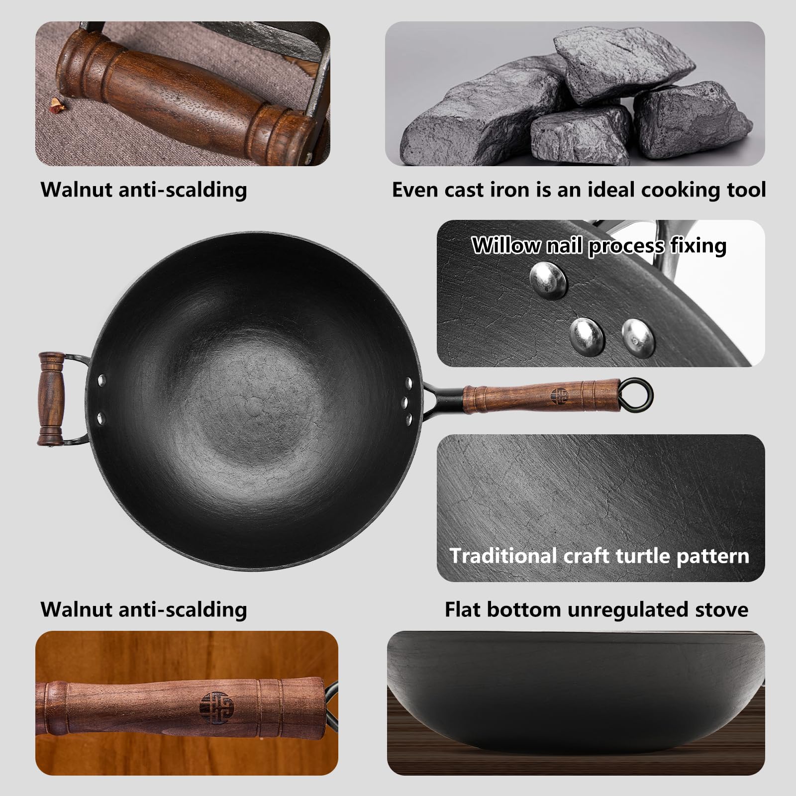 WANGYUANJI 14.2 Inch Cast Iron Wok Pan - Large Flat Bottom Stir Fry Pan with Lid & Wooden Handle - Uncoated Healthy Cooking Pot for Gas, Electric & Induction Stoves - Perfect for Asian Stir-Fry, Deep Frying & Family Meals