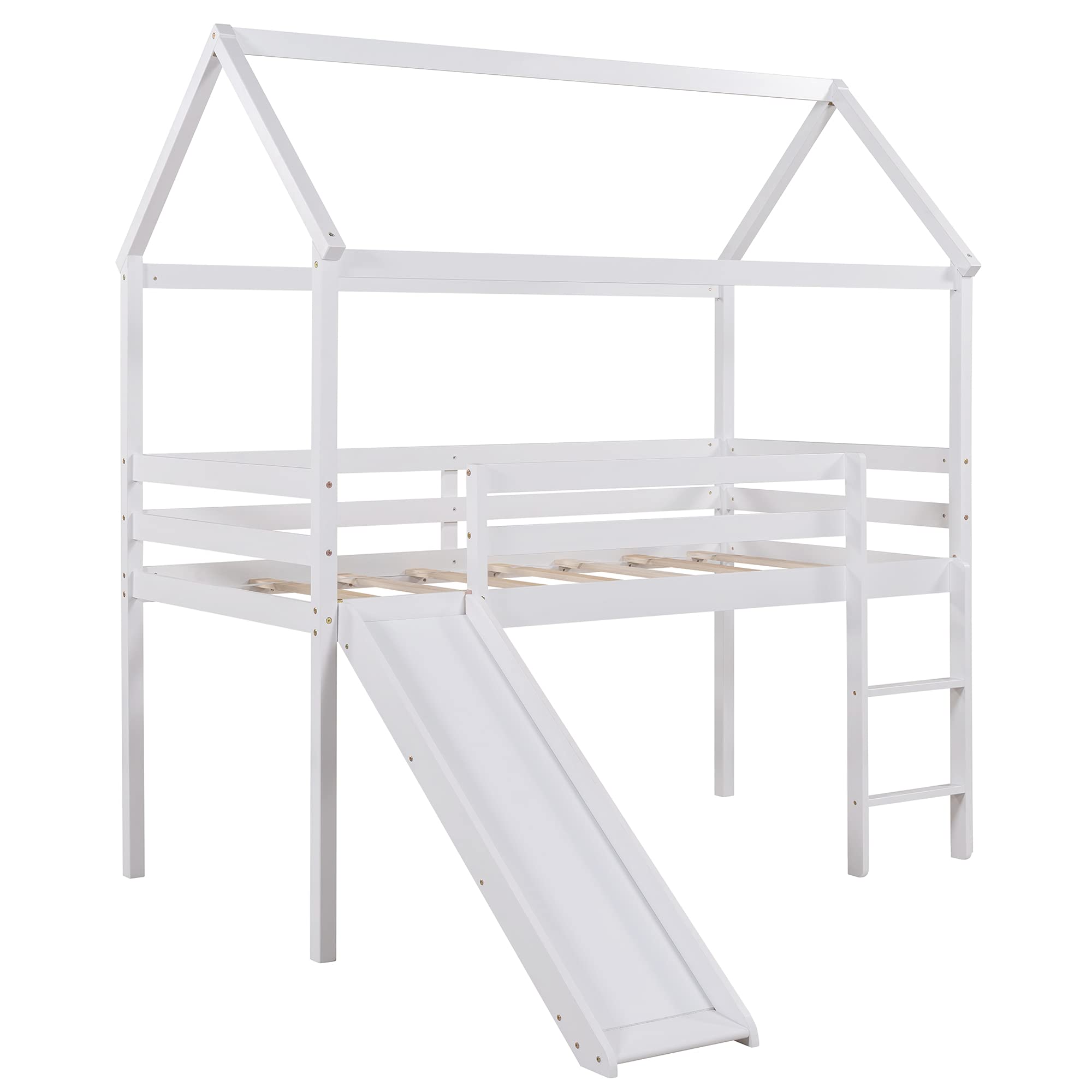 Twin Size Wooden Loft Bed with Slide, Roof & Ladder - Solid Wood House Bed Frame for Kids & Teens - No Box Spring Needed (White) | Perfect for Small Bedrooms, Playrooms & Dorm Rooms
