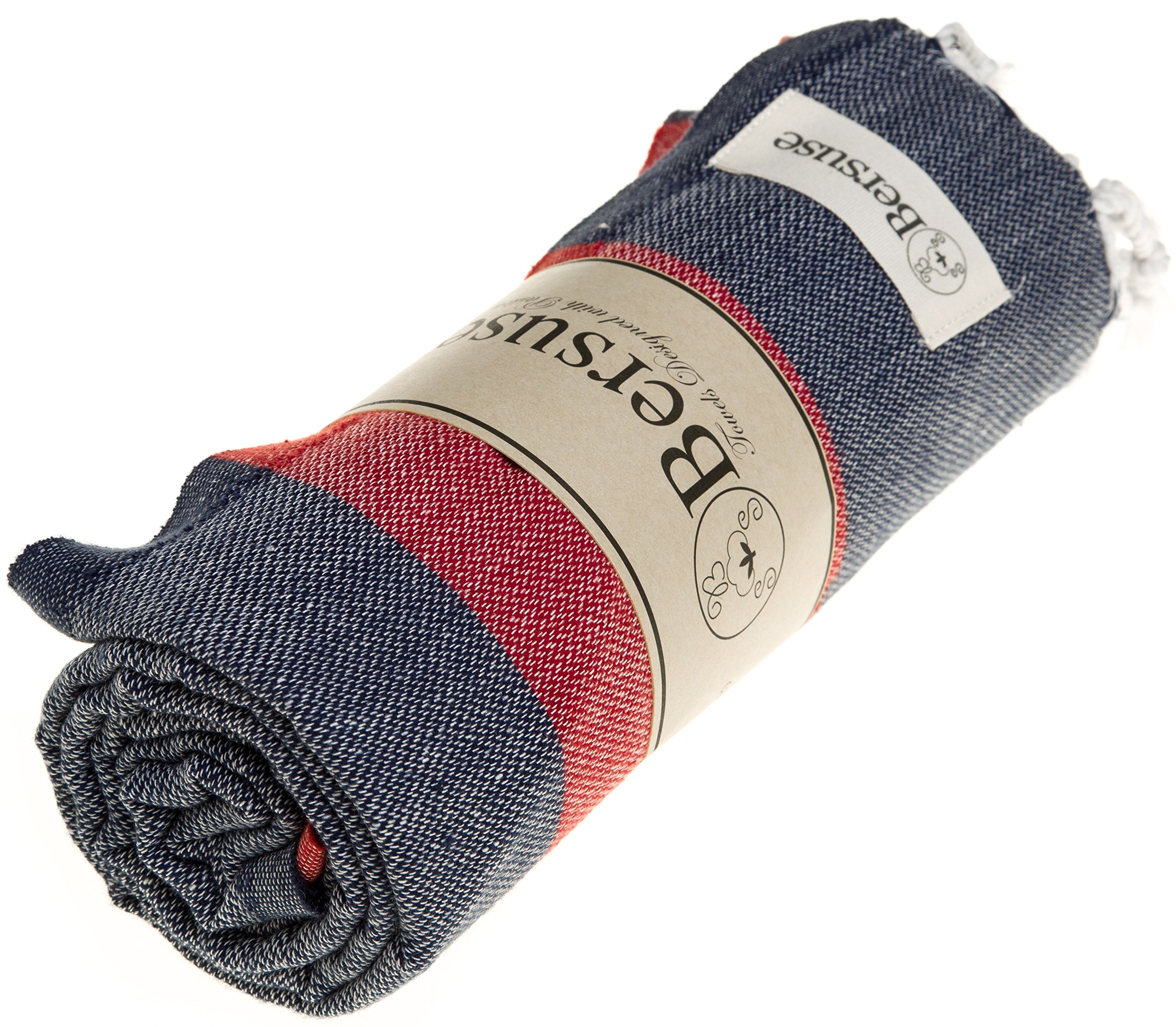 Premium 100% Cotton Turkish Peshtemal Beach Towels - Quick Dry, Sand-Free, Lightweight, Dark Blue & Red (Set of 6) for Pool, Beach, Yoga & Travel