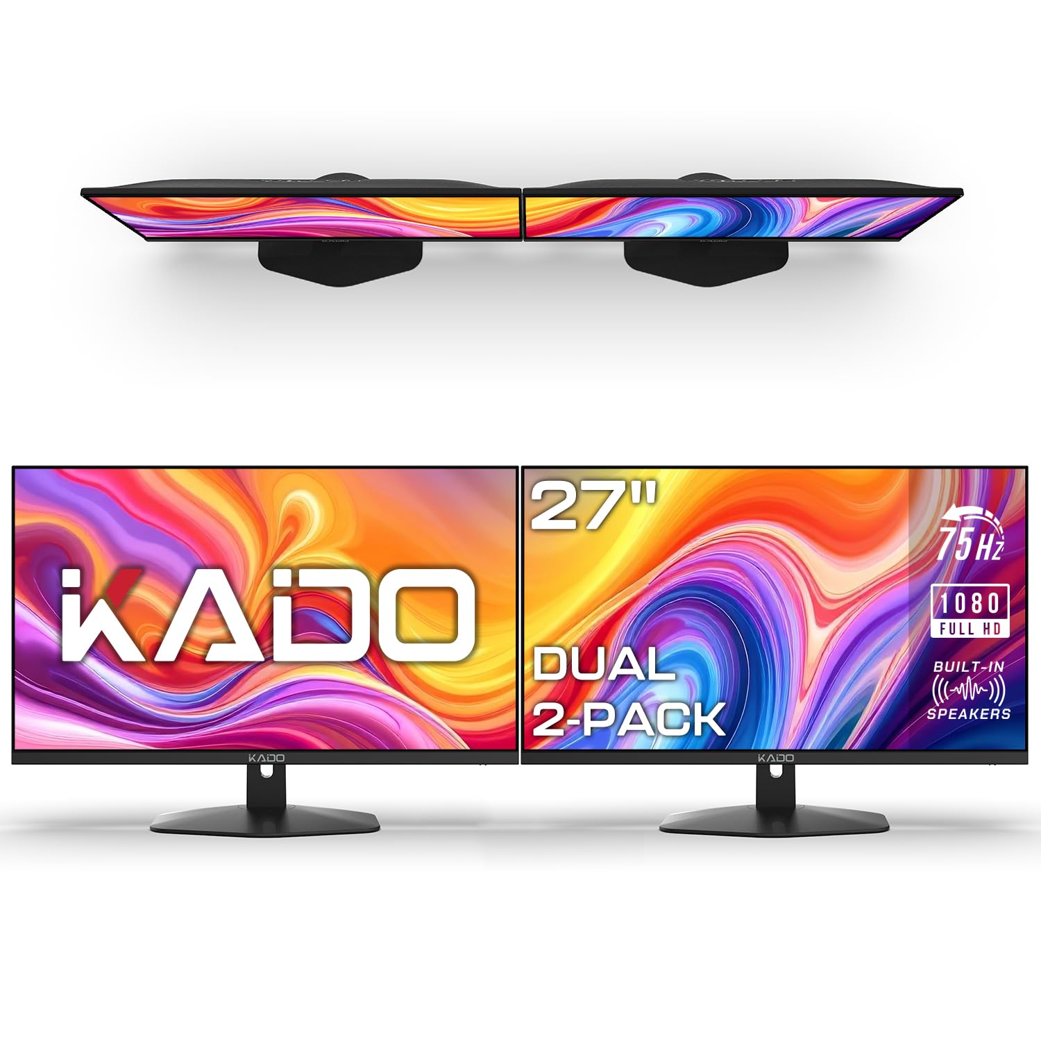 Kado E27 Dual Series 27-Inch Computer Monitors 2-Pack - 1920x1080 Full HD, 75Hz, VESA Mount, HDMI, Built-in Speakers for Office Work & Gaming - Perfect Dual Monitor Setup for Home Office & Workstation