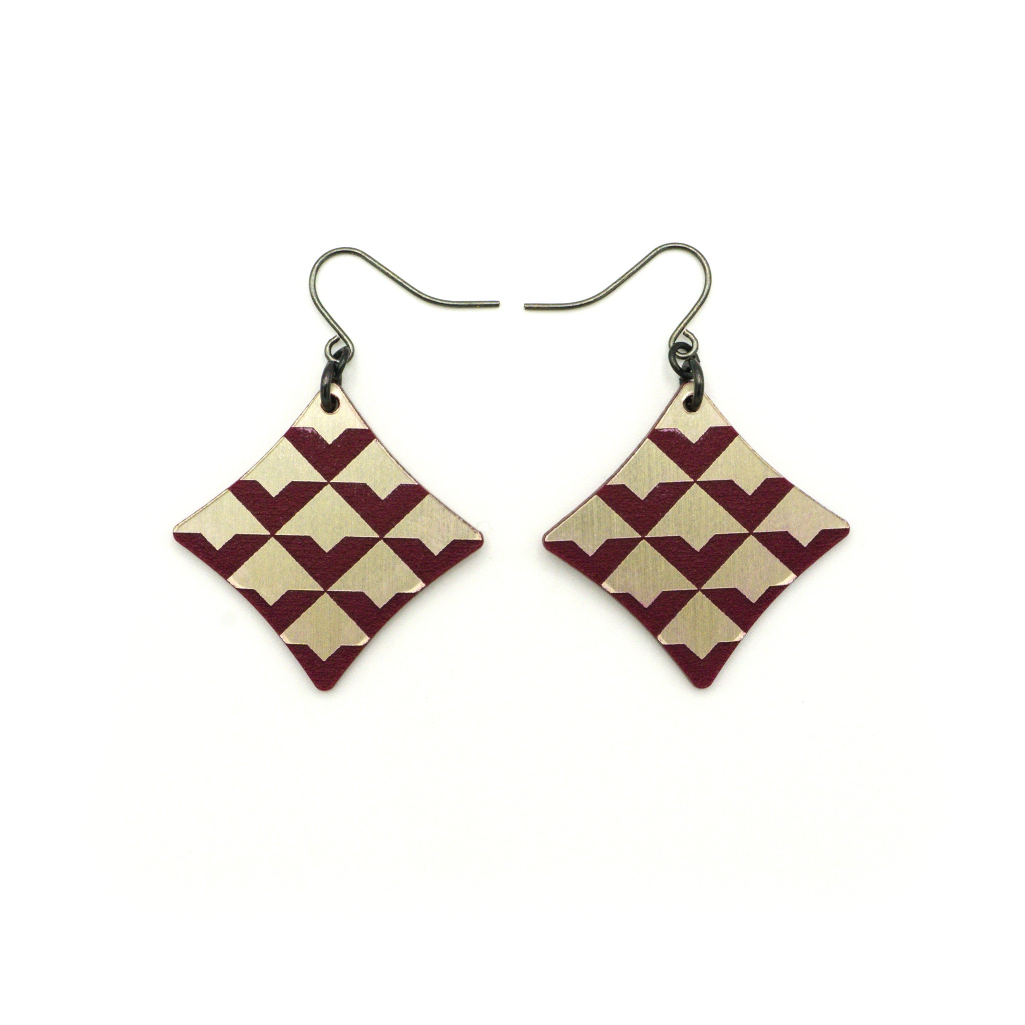 Concave Diamond Acrylic Earrings - Brushed Nickel & Burgundy | Stylish Dangle Earrings for Women, Perfect for Parties, Weddings & Everyday Wear